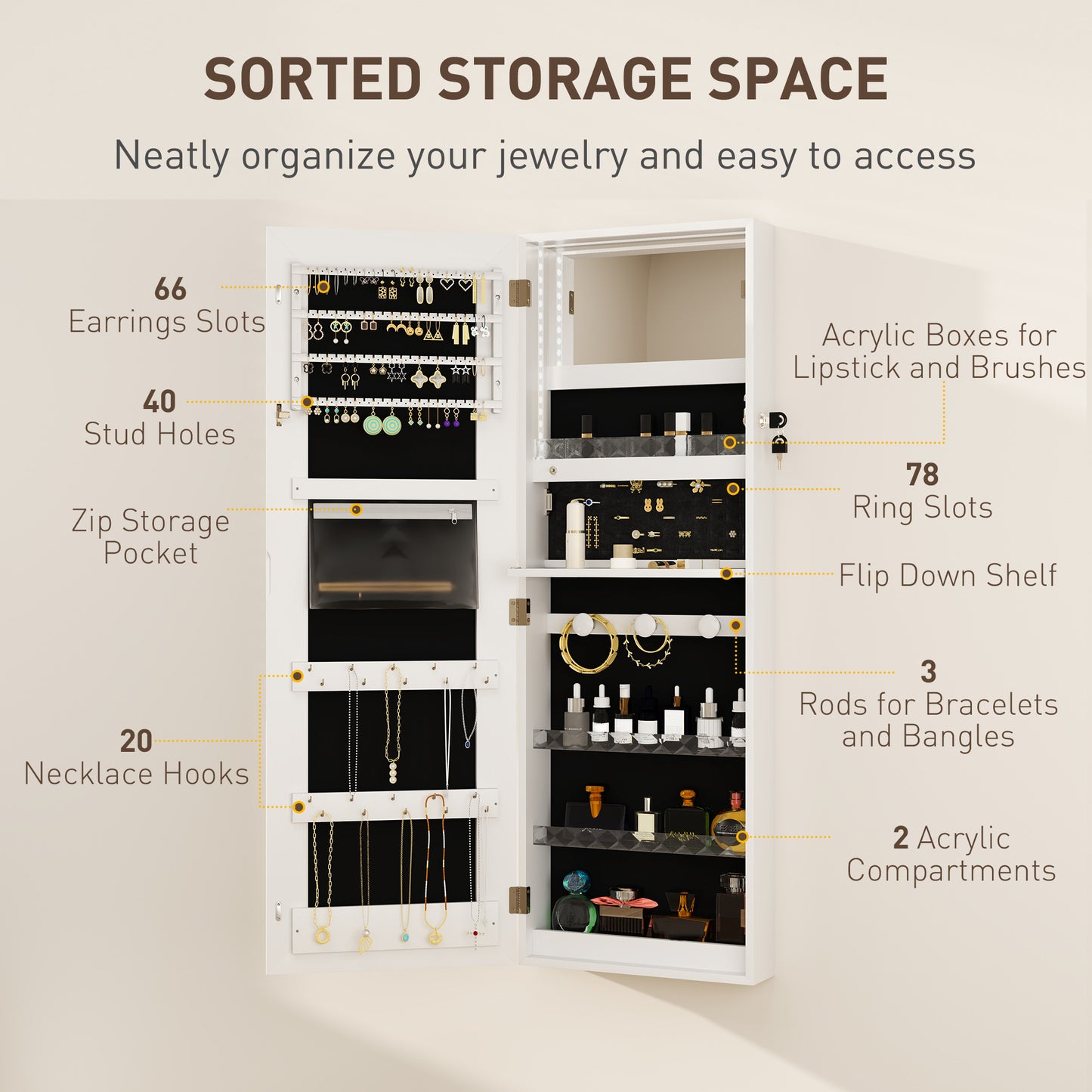 HOMCOM LED Lighted Jewelry Armoire with Mirror Jewelry Cabinet with Storage Lockable Door/Wall Mounted Jewelry Organizer, White