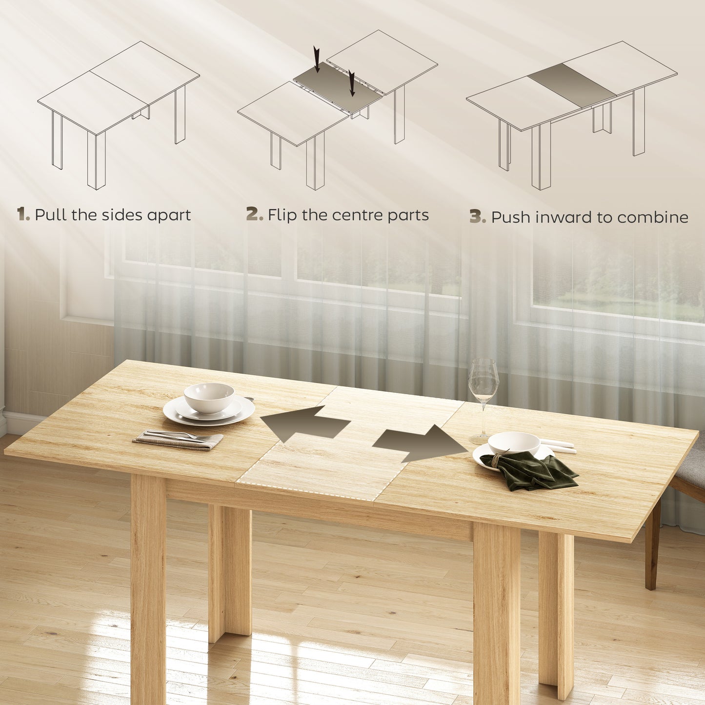 HOMCOM Modern Extendable Dining Table, 55.1 x 31.5 in, for 6-8 People, Expandable Dining Table for Kitchen, Natural Wood