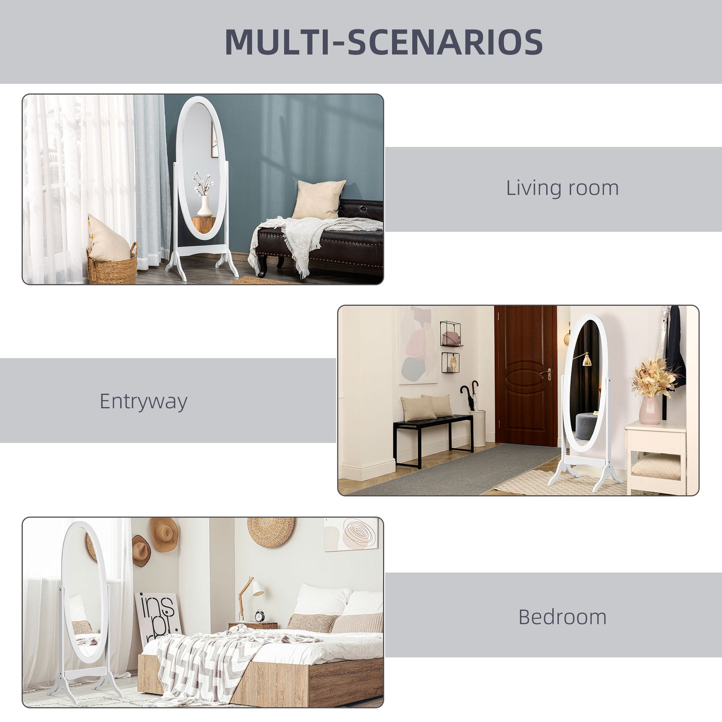 HOMCOM Floor Standing Mirror Full Length Mirror with Adjustable Angle Oval Frame for Dressing Room Bedroom Living Room White