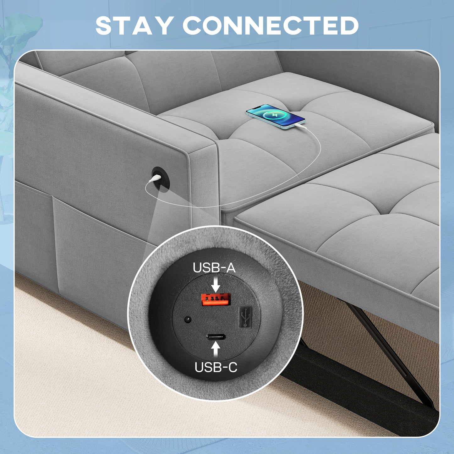 HOMCOM Convertible Chair Bed, Pull Out Sleeper Chair with USB, Adjustable Backrest, Small Velvet Futon Sofa Bed, Grey