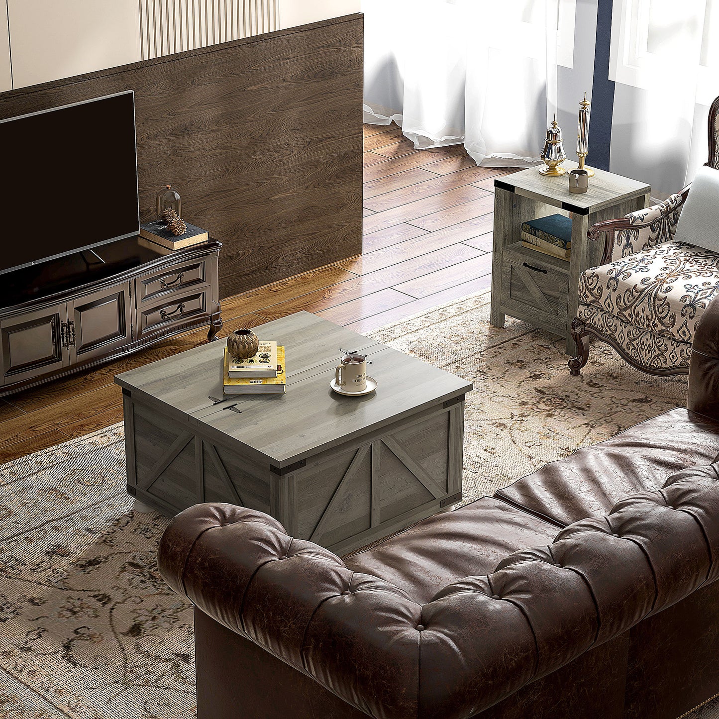 HOMCOM Farmhouse Coffee Table, Square Center Table with Flip-top Lids, Hidden Storage Compartment and Wooden Legs, Oak