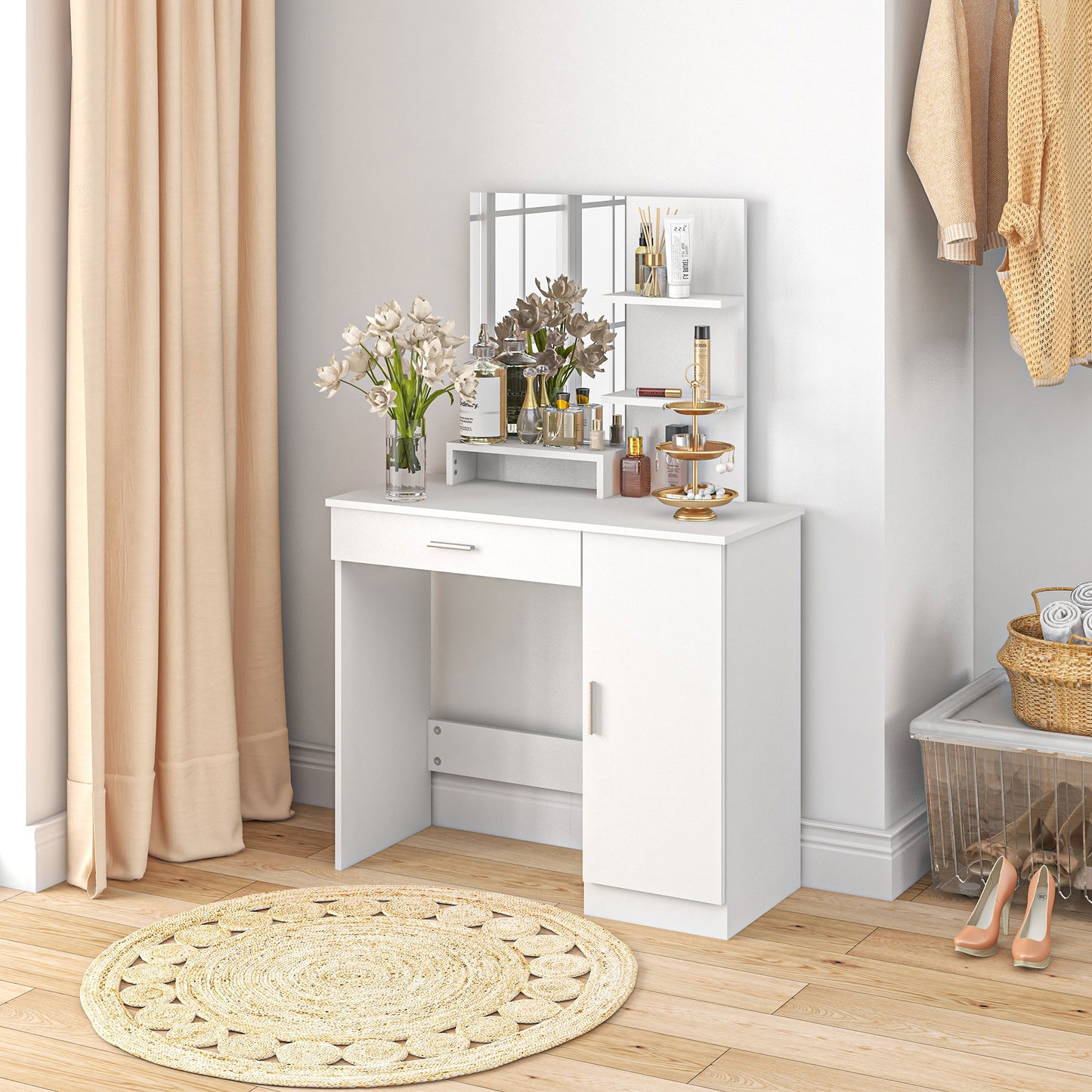 HOMCOM Dressing Table, Vanity Table with Mirror, Drawer and Storage Shelves for Bedroom, 35.4" x 15" x 54.3", White