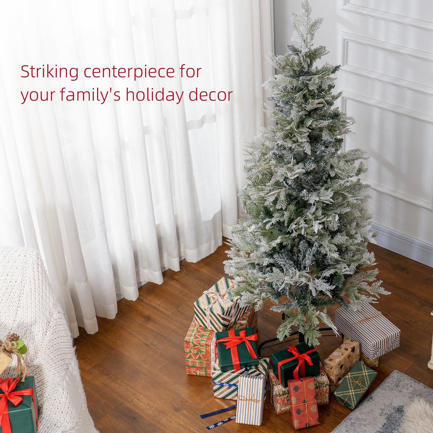 HOMCOM 7.5 Feet Pencil Snow Flocked Artificial Christmas Tree with 880 Realistic Cypress Branches, Auto Open, Green