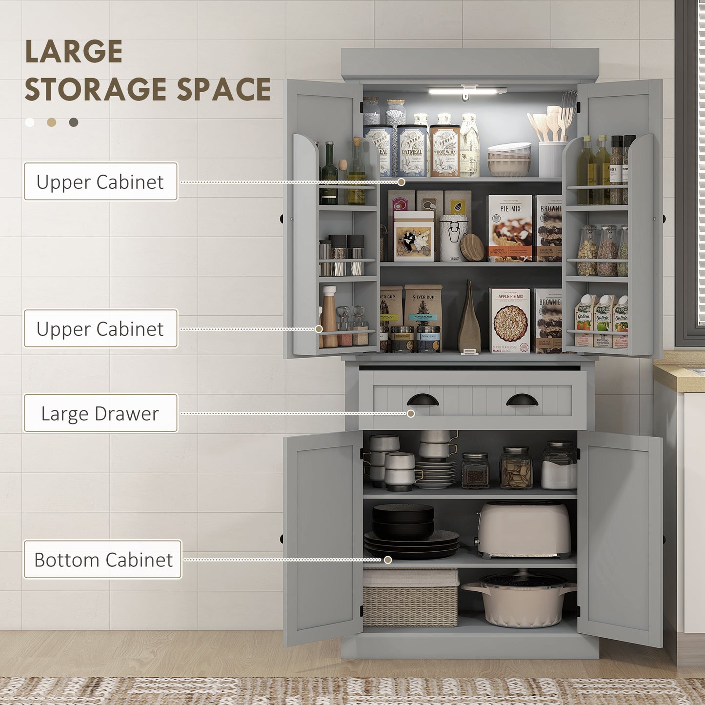 HOMCOM 71" Kitchen Pantry Cabinet with LED Lights, 6 Spice Racks, a Drawer and 4 Adjustable Shelves, White