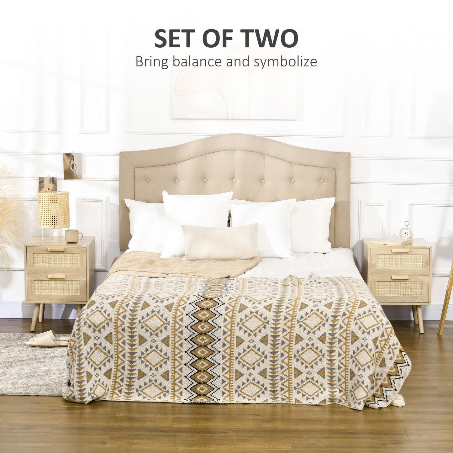 HOMCOM Boho Design Nightstand Set of 2, Side End Table with 2 Drawers for Living Room, Bedroom