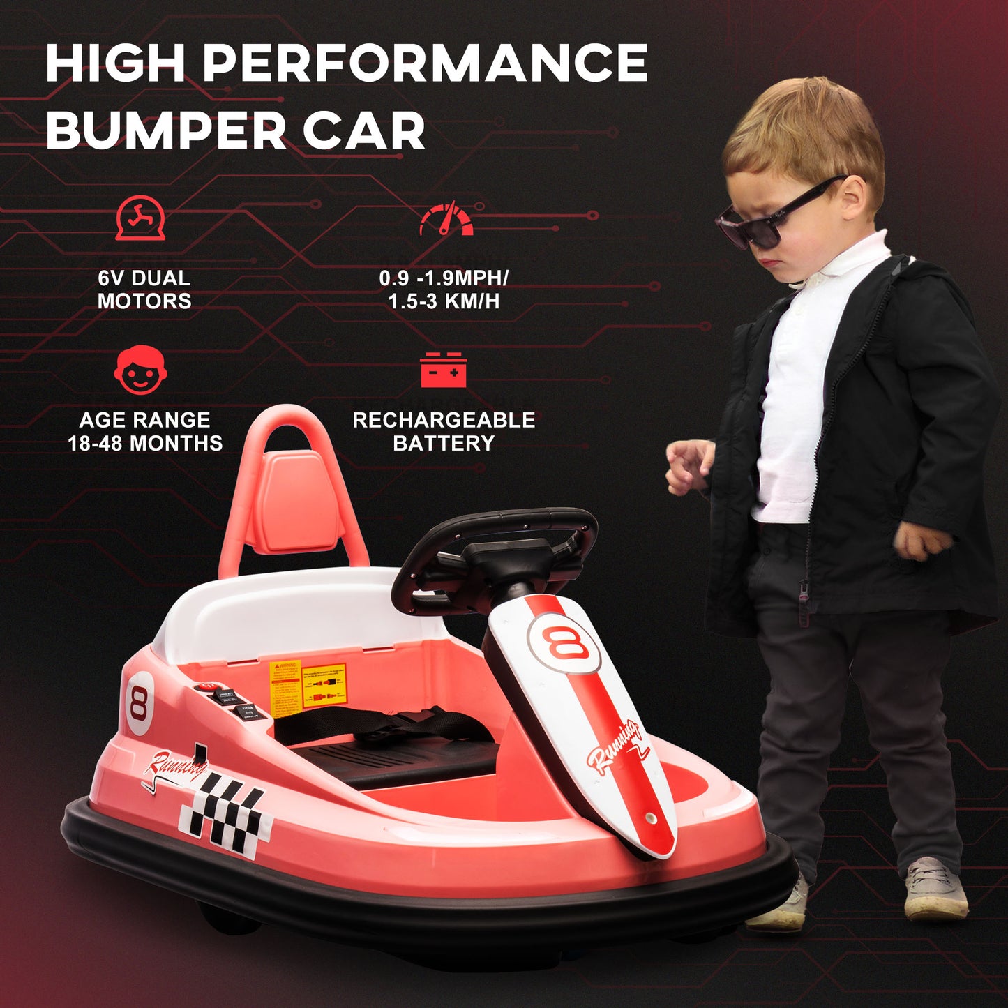 Aosom Kids Bumper Car, 6V 360° Rotation Electric Ride on Car, Twin Motors Battery Powered Toy with Music, Horn and Lights, Safety Belt, for Boys and Girls Aged 18-48 Months - Red