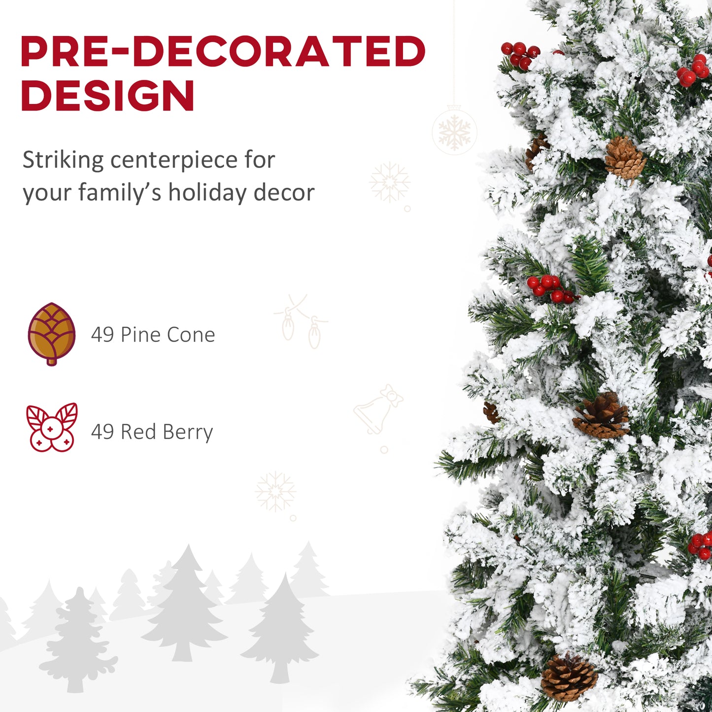 HOMCOM 9-foot Pencil Snow Flocked Artificial Christmas Tree with 1350 Pine Realistic Branches, Pine Cones, Red Berries, Auto Open, Green