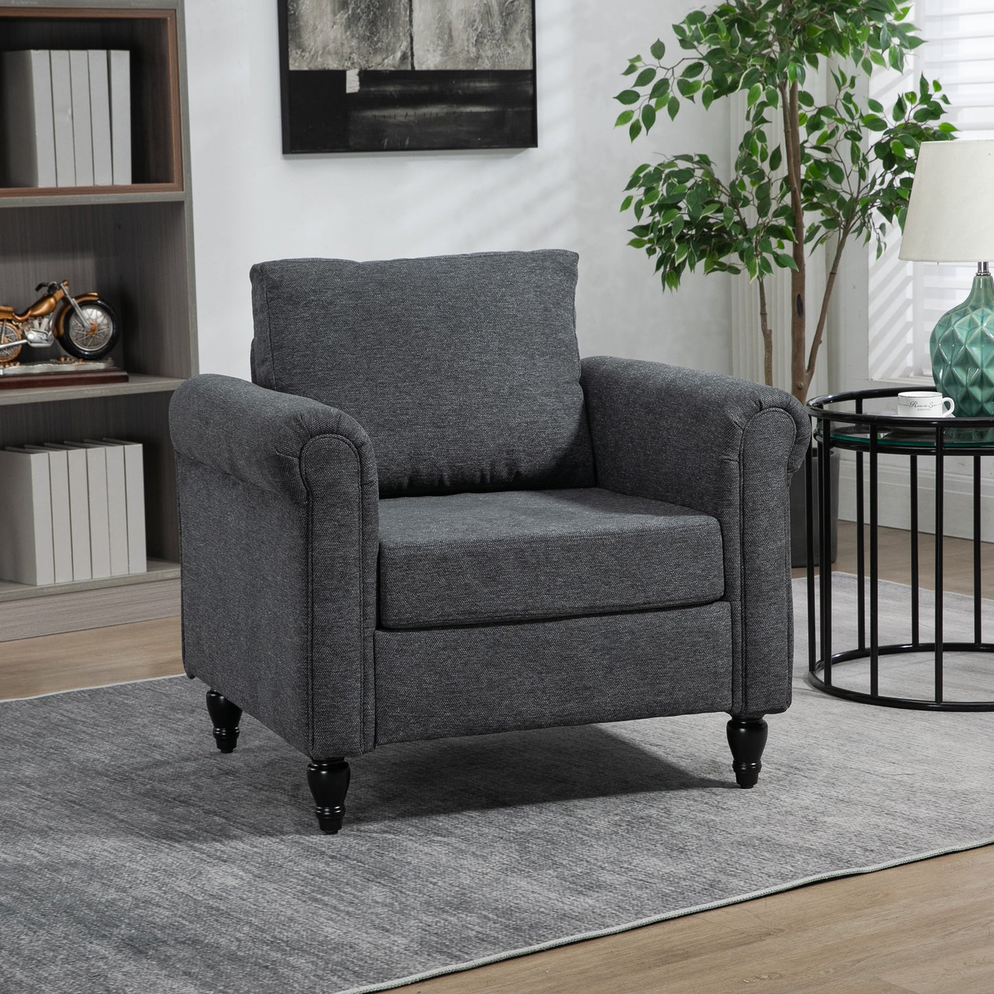 HOMCOM Vintage Armchair, Upholstered Accent Chair with Rolled Arms, Gourd-Shaped Rubber Wood Legs, Light Grey