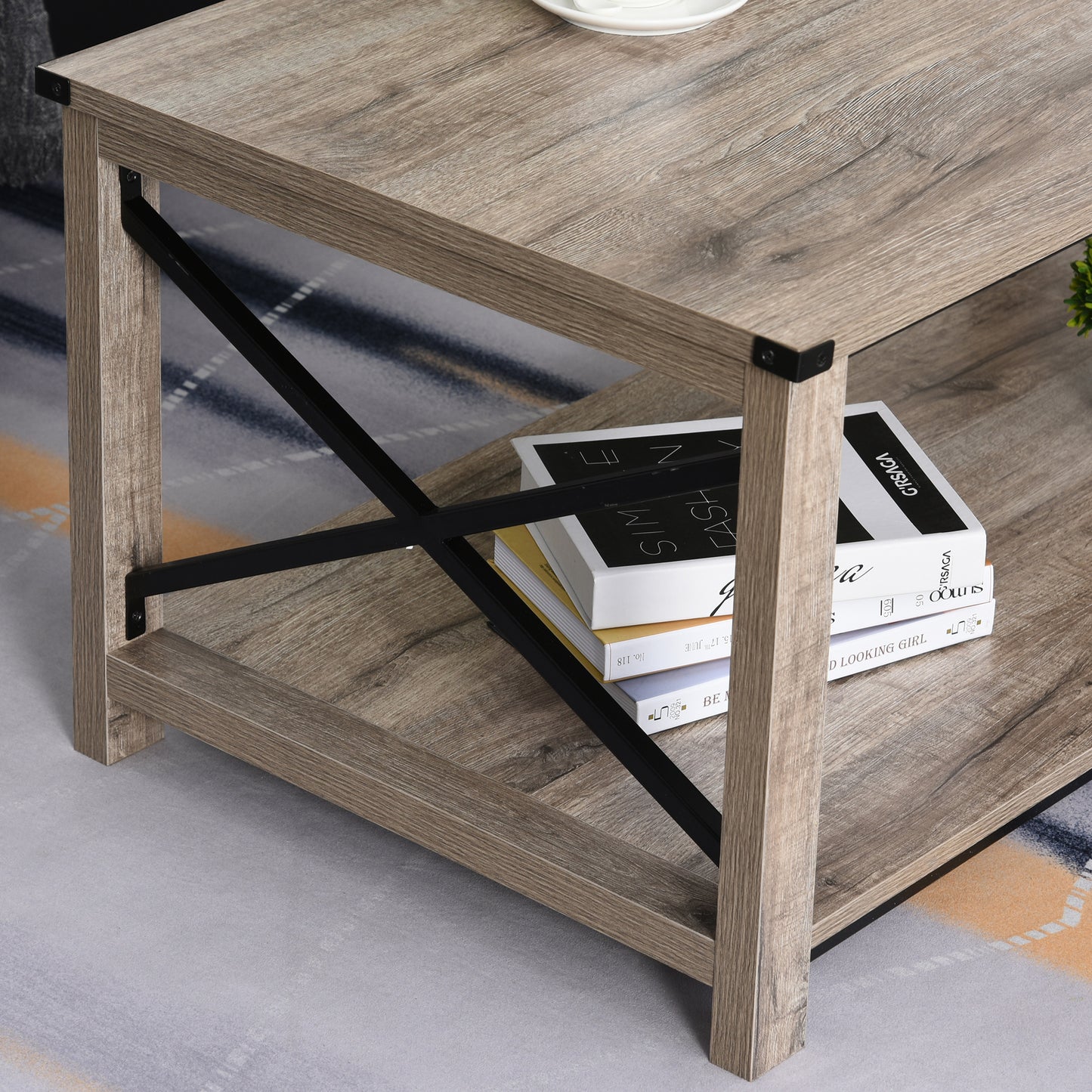 HOMCOM Industrial Coffee Table, Cocktail Table with Bottom Storage Shelf, Metal X-Bar for Living Room Bedroom
