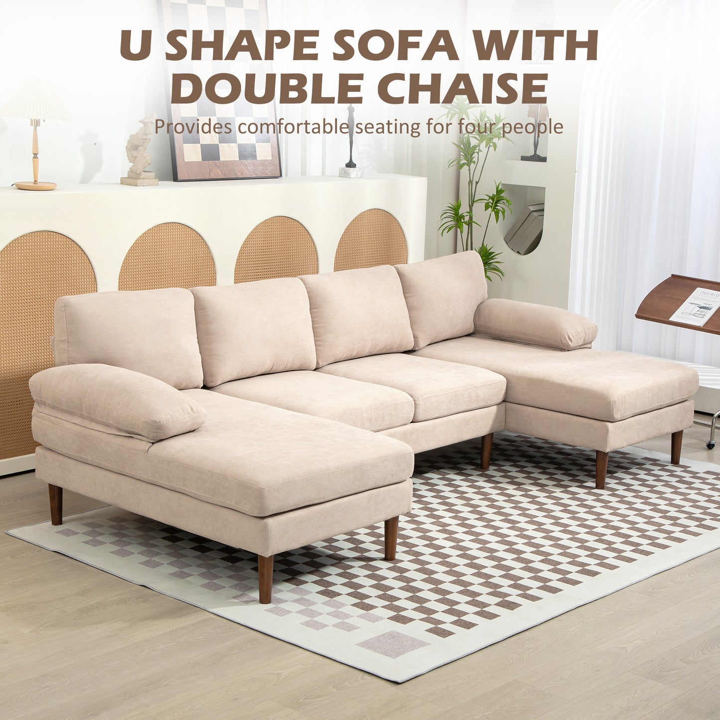 HOMCOM U Shape Couch with Double Chaise Lounge, Modern 4 Seater Sofa with Wooden Legs, Fabric Sofa for Living Room, Dark Grey