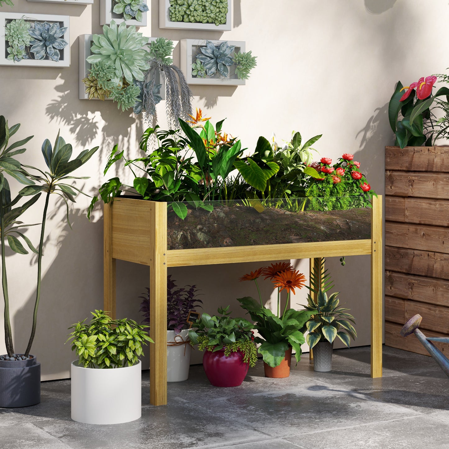 Outsunny Wooden Raised Garden Bed with Acrylic Panels, Raised Planter Box with Drainage Holes, 43.3" x 19.7" x 31.5"
