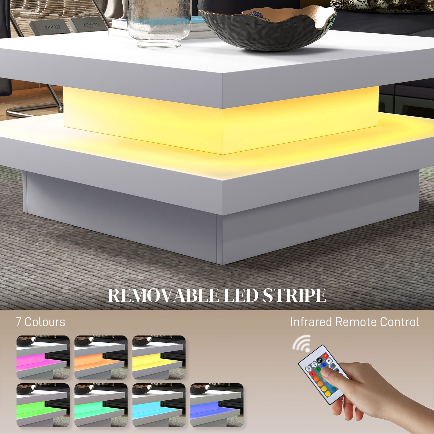 HOMCOM Square Coffee Table with 7 LED Lights and Remote, 2-Tier Modern Center Table for Living Room, White