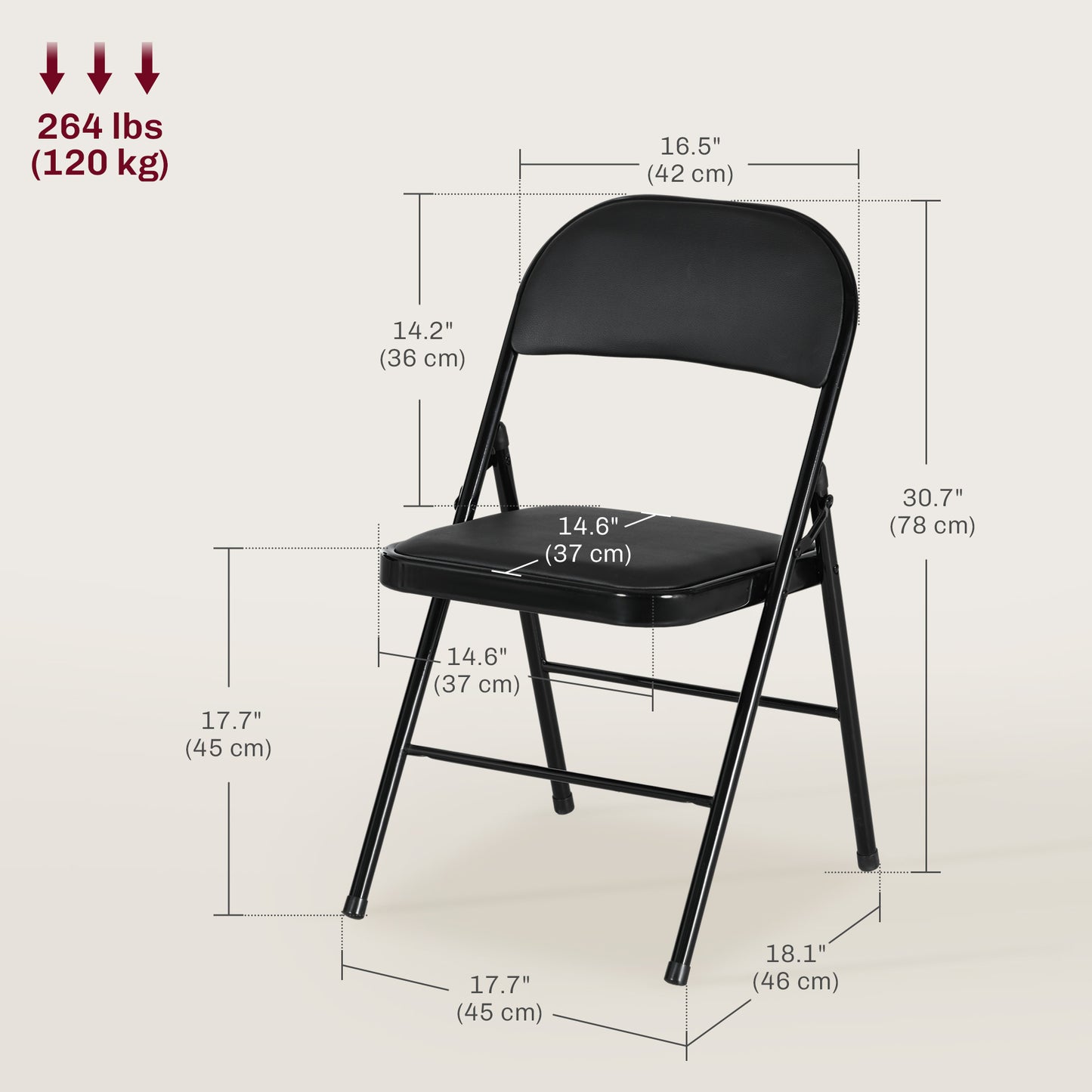 HOMCOM Set of 2 Metal Foldable Chairs, PU Leather Padded Folding Chairs with Cushion Seat and Open Back for Indoor, Black
