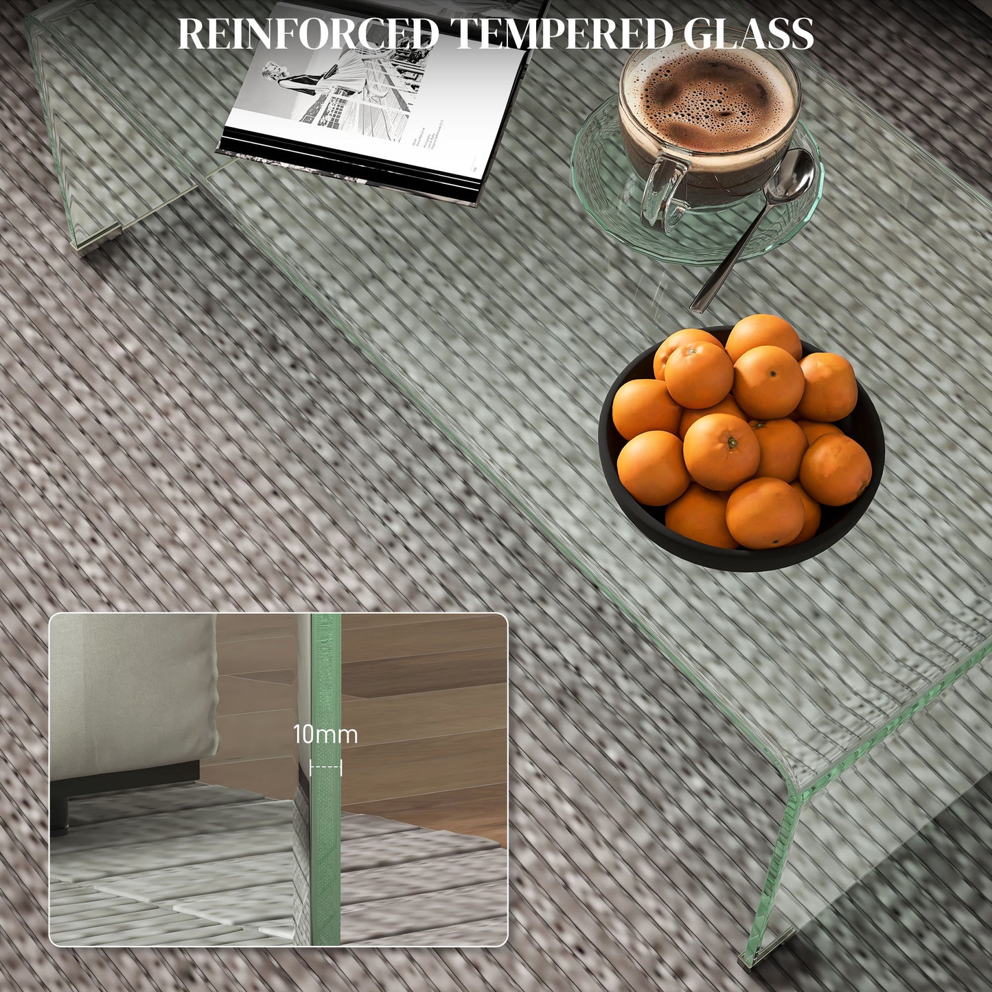 HOMCOM Glass Coffee Table, Clear Coffee Table for Living Room, Modern Rectangle Center Table with Safe Rounded Edges