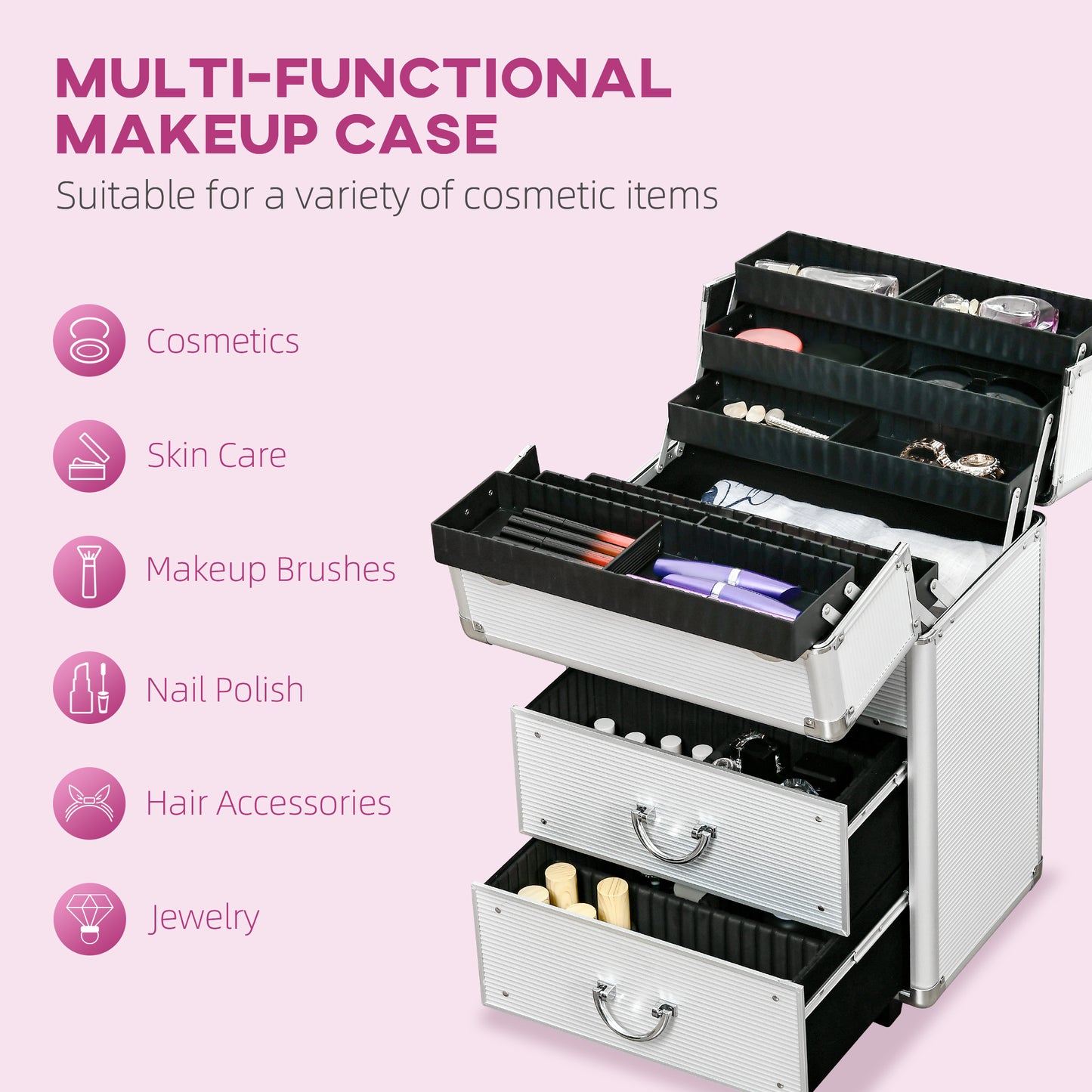 HOMCOM Rolling Makeup Train Case, Large Storage Cosmetic Trolley, Lockable Traveling Cart Trunk with Folding Trays, Swivel Wheels