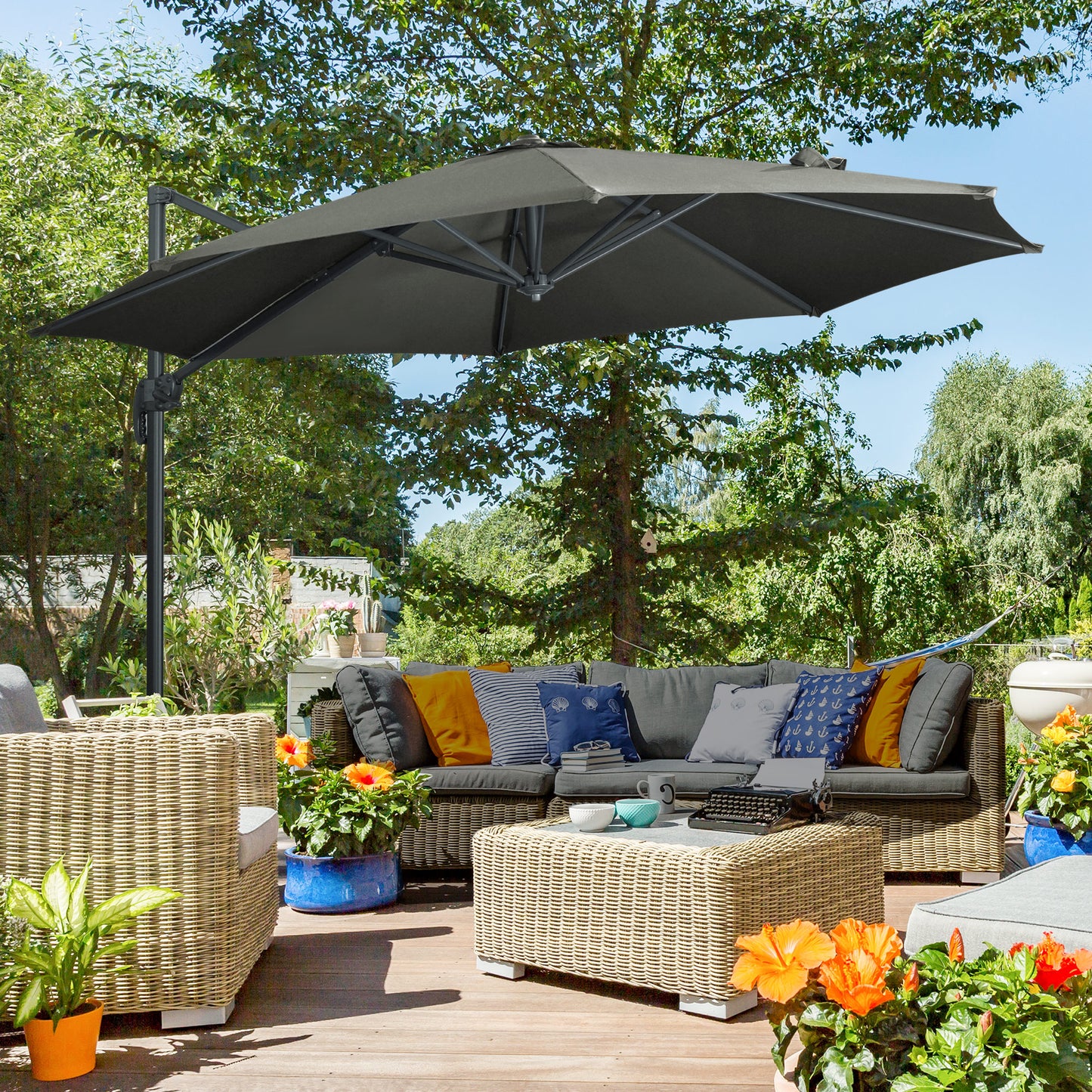 Outsunny 9.6' Cantilever Patio Umbrella Outdoor Hanging Offset Umbrella, Cross Base, 360° Rotation Aluminum Poles, Grey