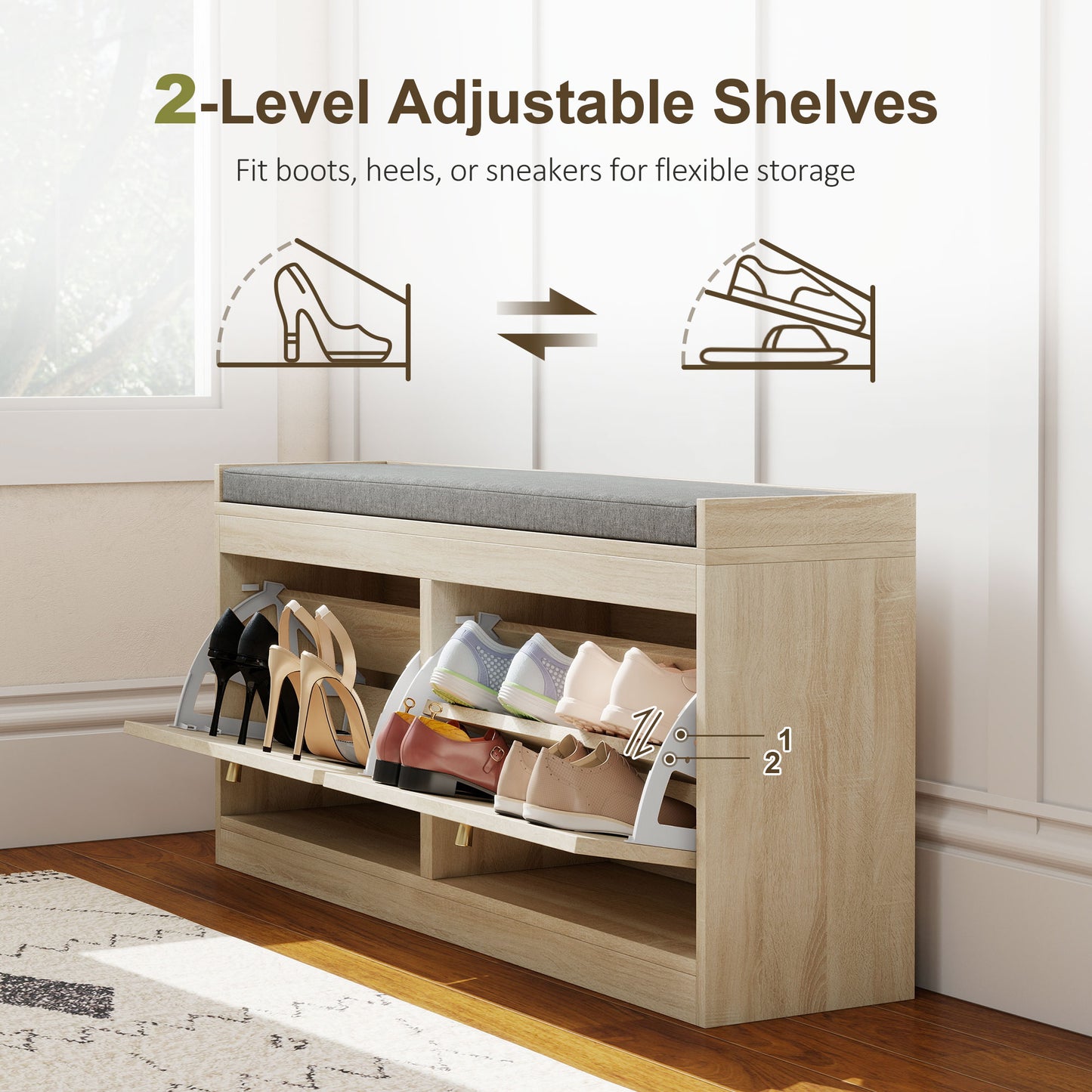 HOMCOM Shoe Bench with Flip Doors, Seat Cushion, Adjustable Shelves for 8 Pairs, Boho Entryway Bench for Bedroom, Natural Wood