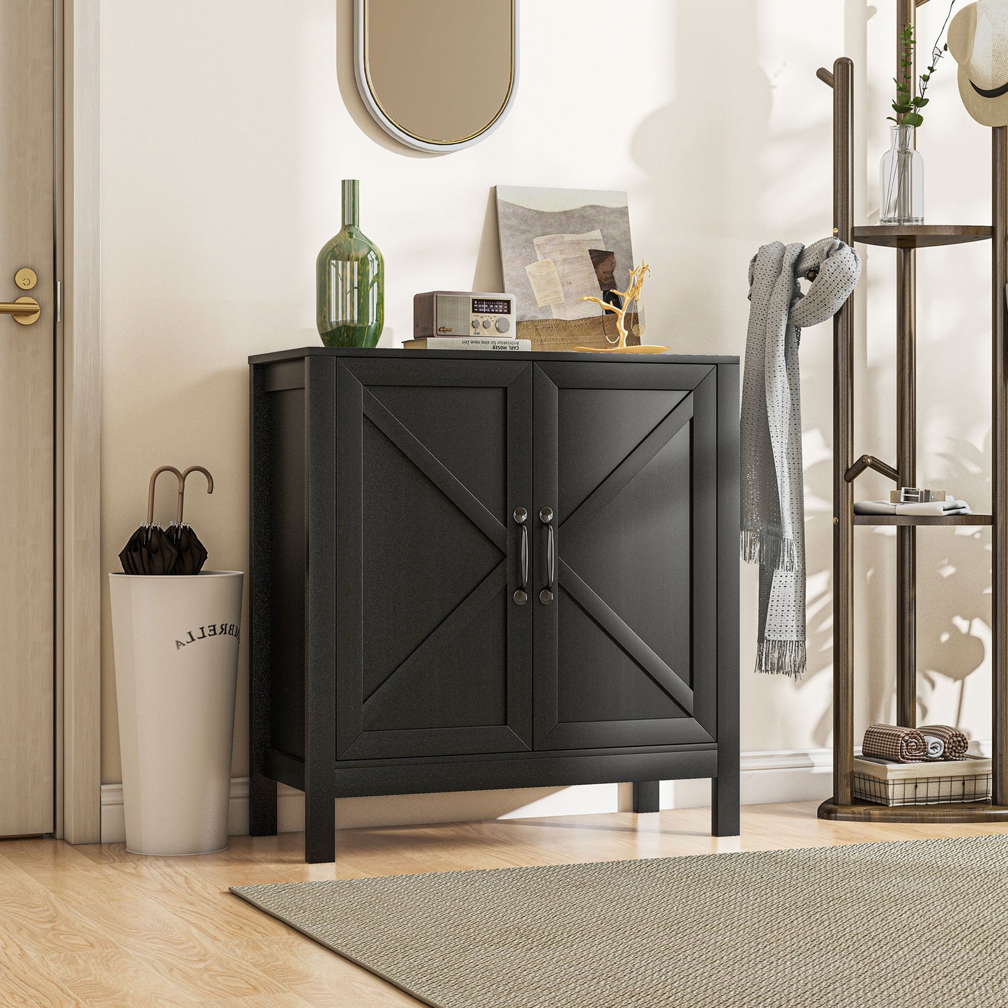 HOMCOM Sideboard Buffet, Kitchen Storage Cabinet with Barn Door and Adjustable Shelves, Storage Pantry, White Wood Grain