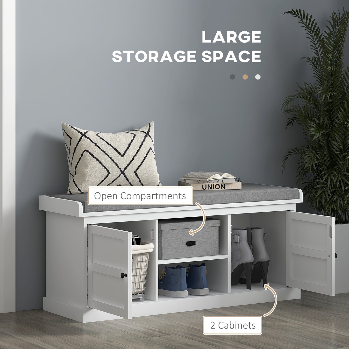 HOMCOM Shoe Storage Bench with Cushioned Seat, Entryway Bench Seat with 2 Cabinets and Adjustable Shelf for Hallway, White