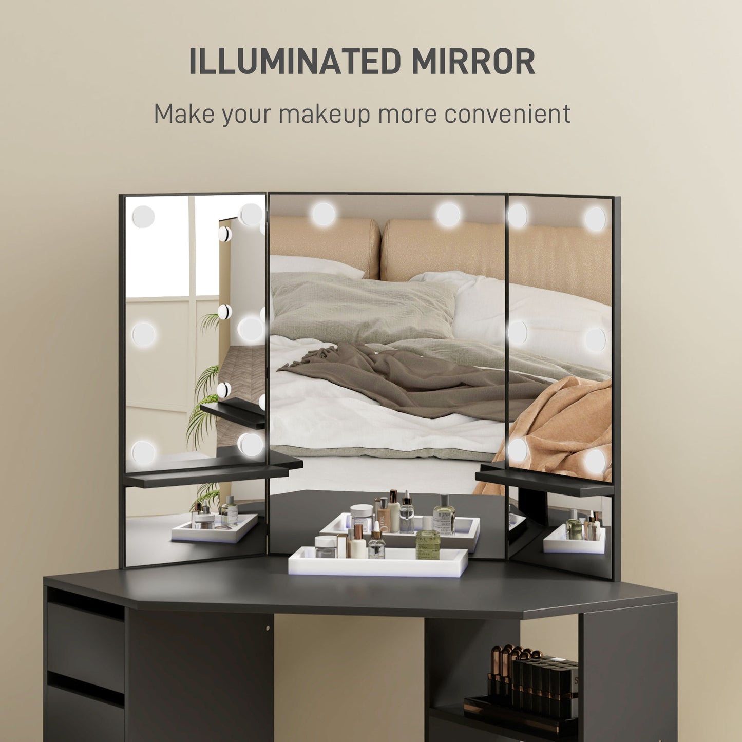 HOMCOM Makeup Vanity Desk with 3-Panel Mirror and 10 LED Lights, Dressing Table with 5 Drawers and Shelves for Bedroom, White
