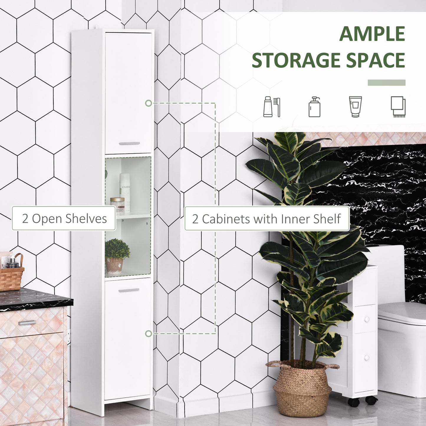 HOMCOM Tall Bathroom Vanities, Narrow Bathroom Cabinets with 2 Doors, Open Compartment and Adjustable Shelves, White