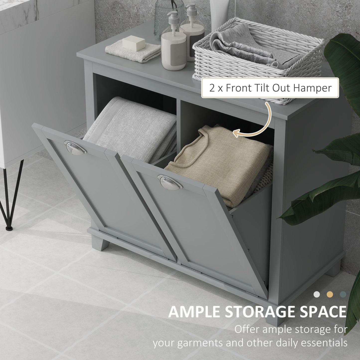 HOMCOM Tilt-Out Laundry Storage Cabinet, Bathroom Storage Organizer with Two-Compartment Tilt Out Hamper, White