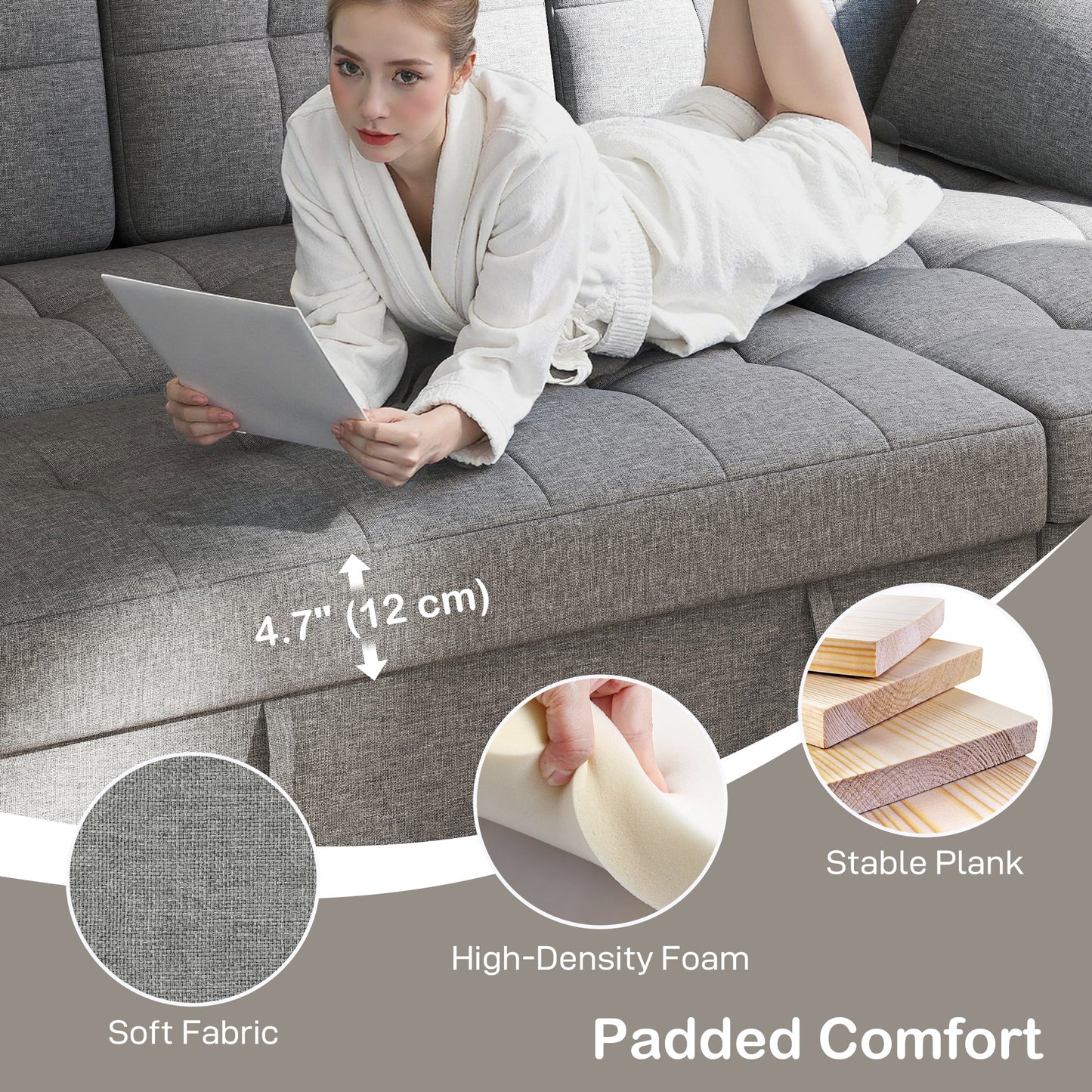 HOMCOM Convertible Sectional Sofa Bed, Pull Out Sleeper Sofa Couch with USB‑A+C, Chaise Storage, L-Shaped Futon Couch, Grey