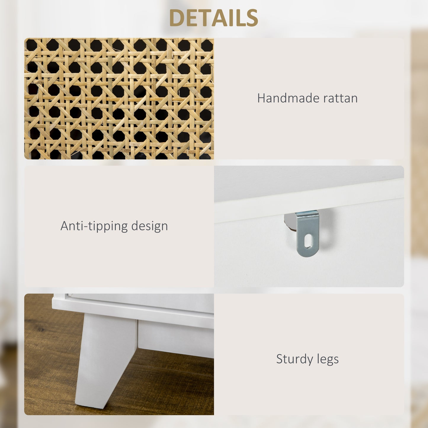 HOMCOM Bedside Table with Rattan Element, Side End Table with Drawer and Shelf, 17.7"x15.4"x22.2", White