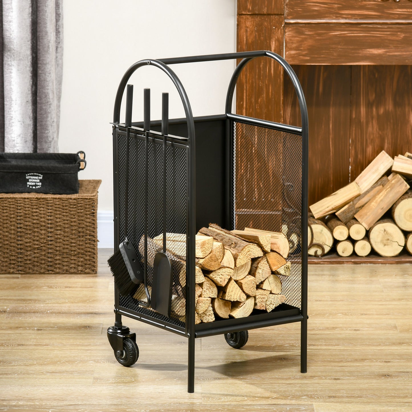 Outsunny 15" Outdoor Firewood Rack with Wheels and Tools, Heavy Duty Wood Storage Stacker, Indoor Outdoor Log Rack, Black