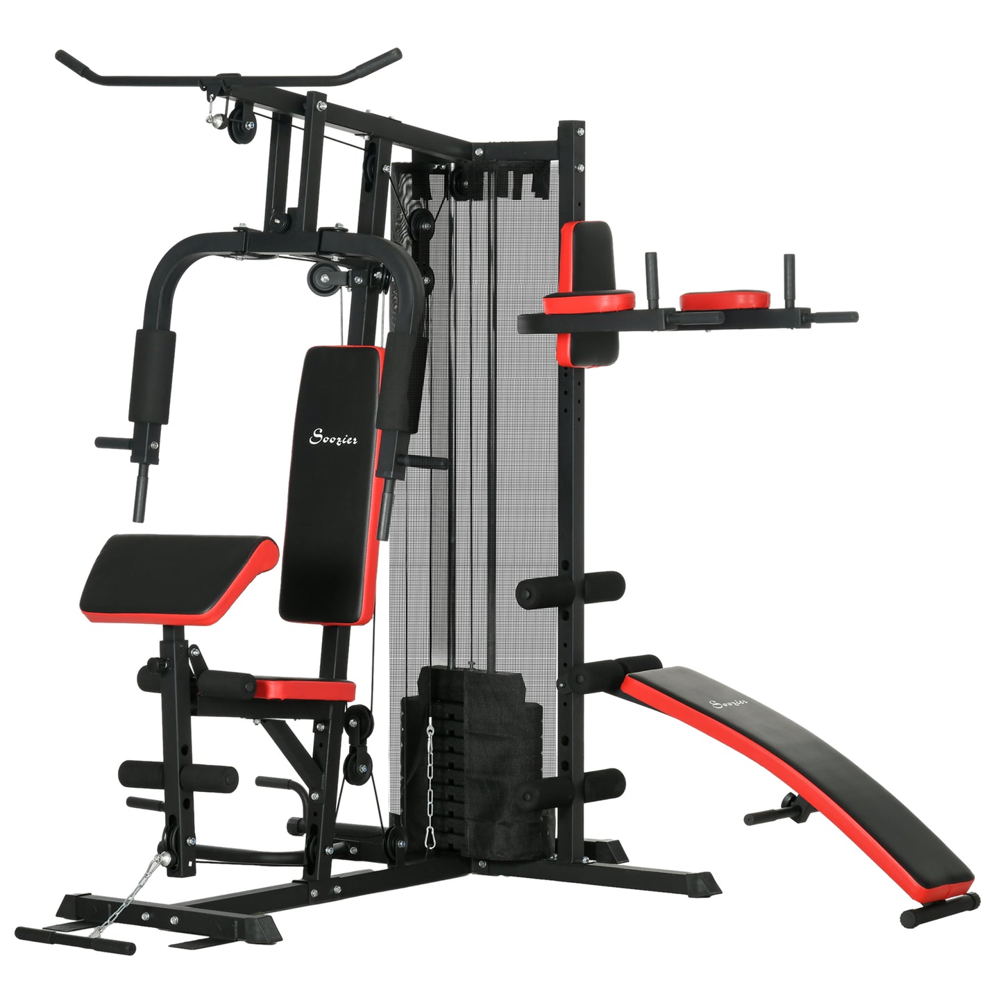 Soozier Multi Home Gym Equipment, Workout Station with Sit up Bench, Push up Stand, Dip Station, 99lbs Weights