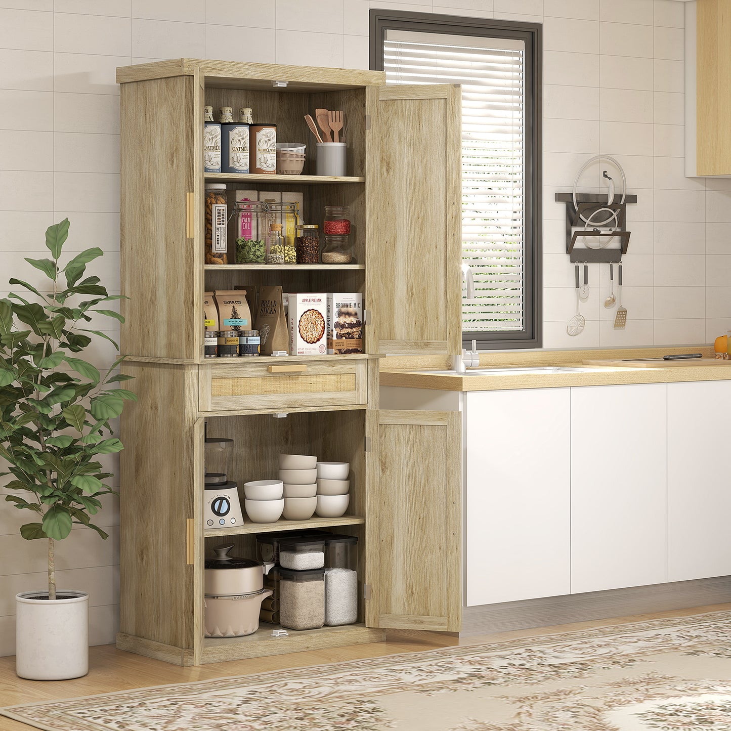 HOMCOM 72" Kitchen Storage Cabinet, Rattan Kitchen Pantry Cabinet with 4 Doors, Drawer, 5-Tier Shelf, Adjustable Shelves, Oak