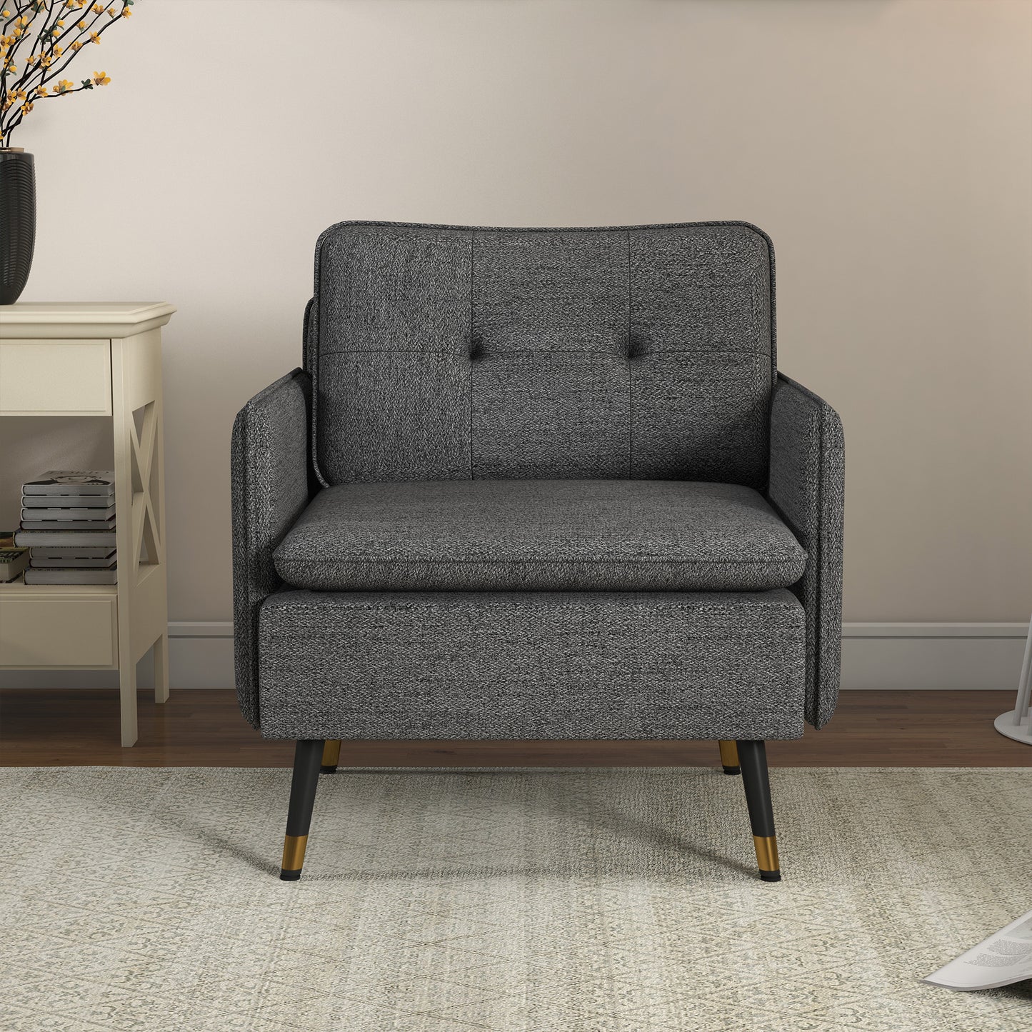 HOMCOM Modern Armchair, Upholstered Accent Chair with Tufted Back Cushion and Steel Legs for Living Room, Bedroom, Grey