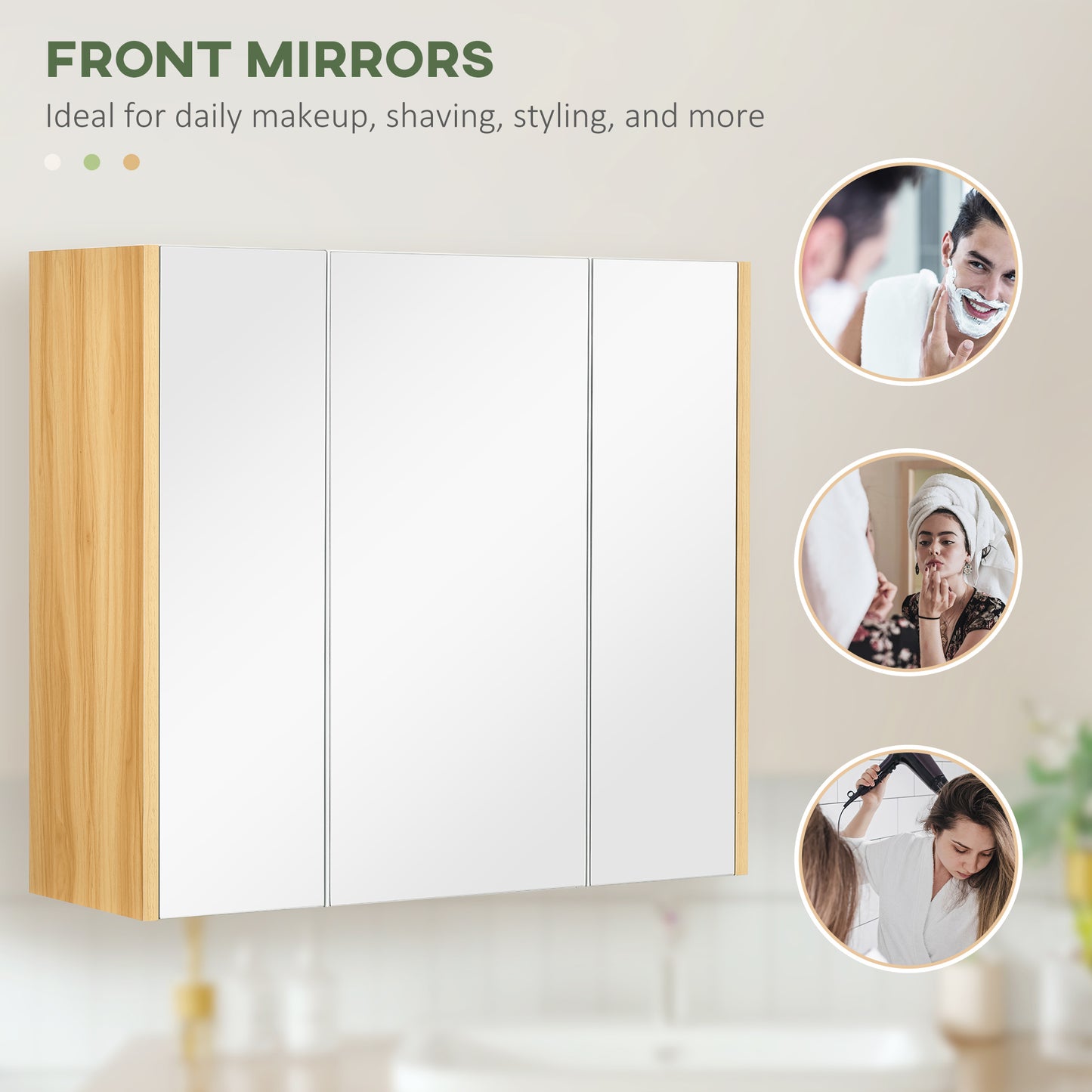 kleankin Wall Mounted Medicine Cabinet with Mirror Wall Mirror Cabinet with 3 Doors and Adjustable Storage Shelves Gray