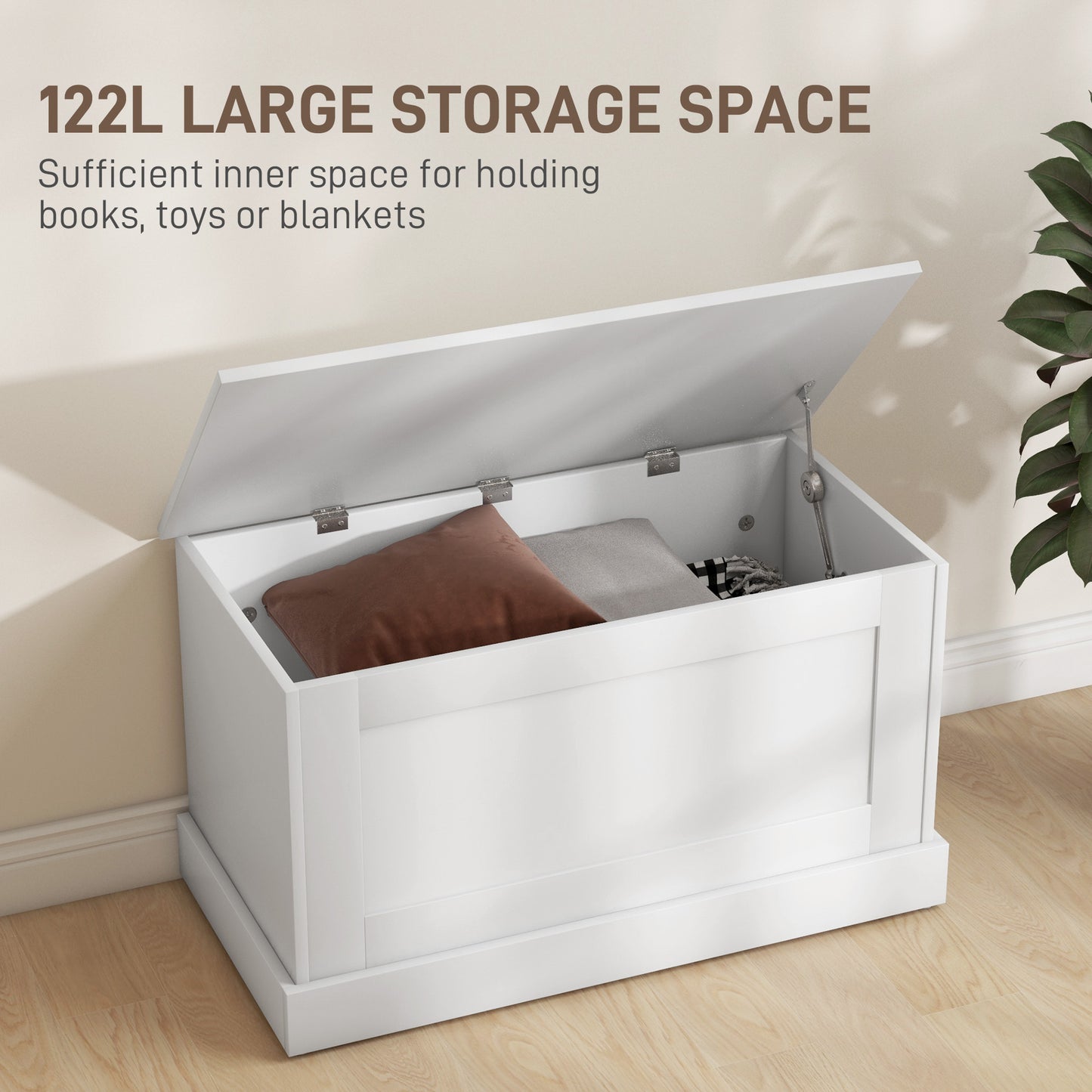 HOMCOM 31.5 Inches Storage Chest, Storage Trunk with Safety Hinge, Wooden Box for Living Room, White Wood Grain