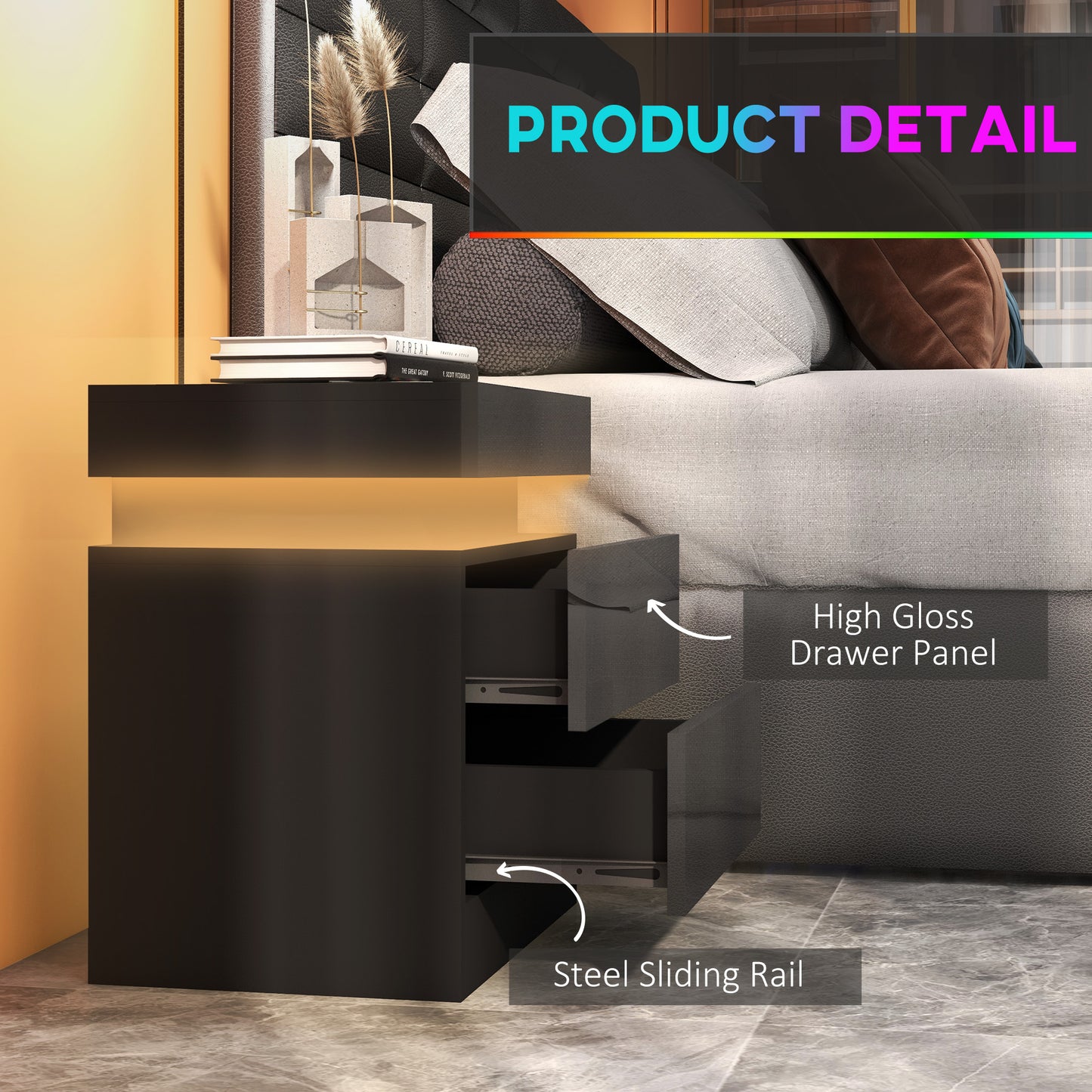 HOMCOM Nightstand, Bedside Table with LED Lights and 2 Drawers for Bedroom, Living Room, White