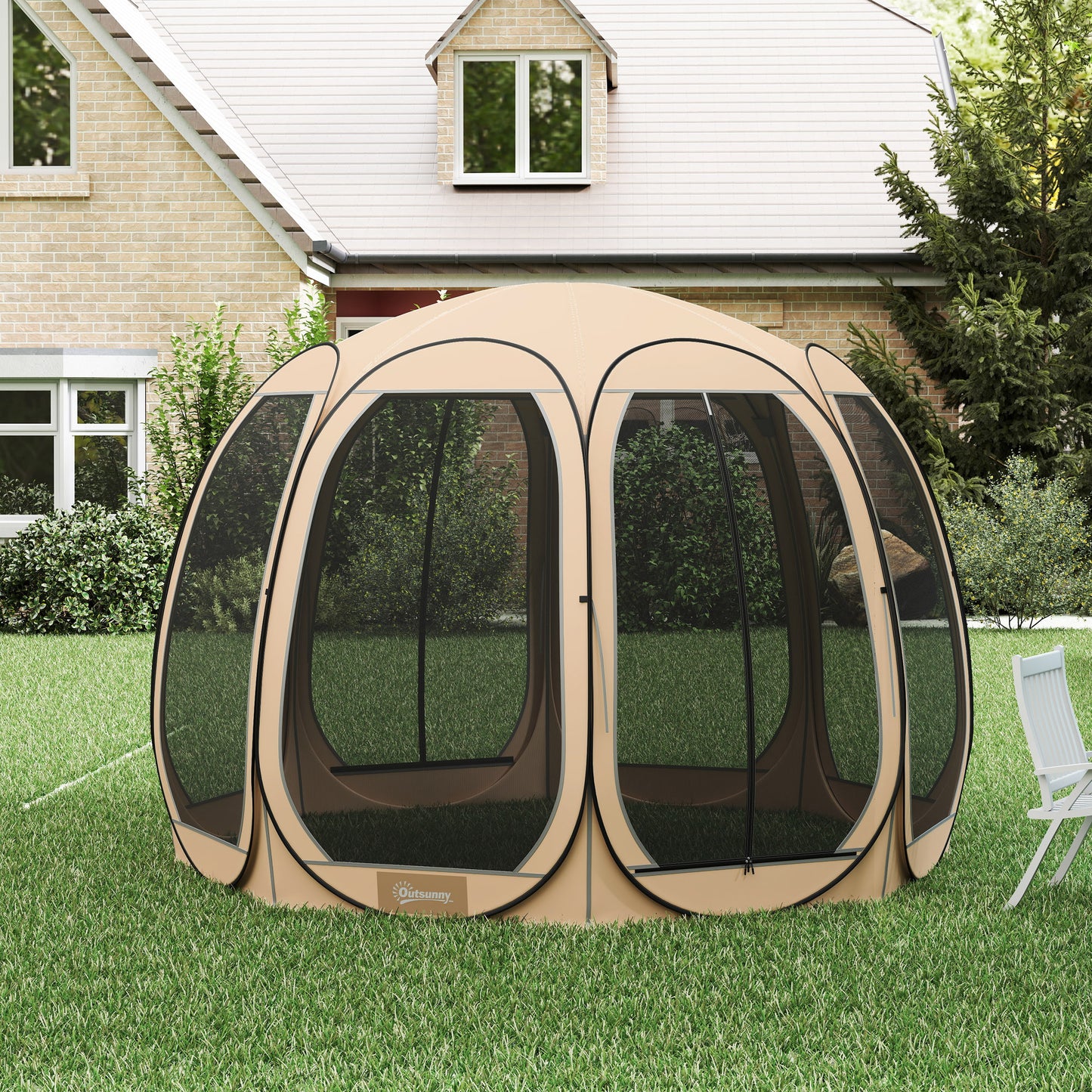 Outsunny 11' x 11.5' Screen Tent, Pop Up Camping Gazebo with Portable Carry Bag and 2 Doors, Cream White