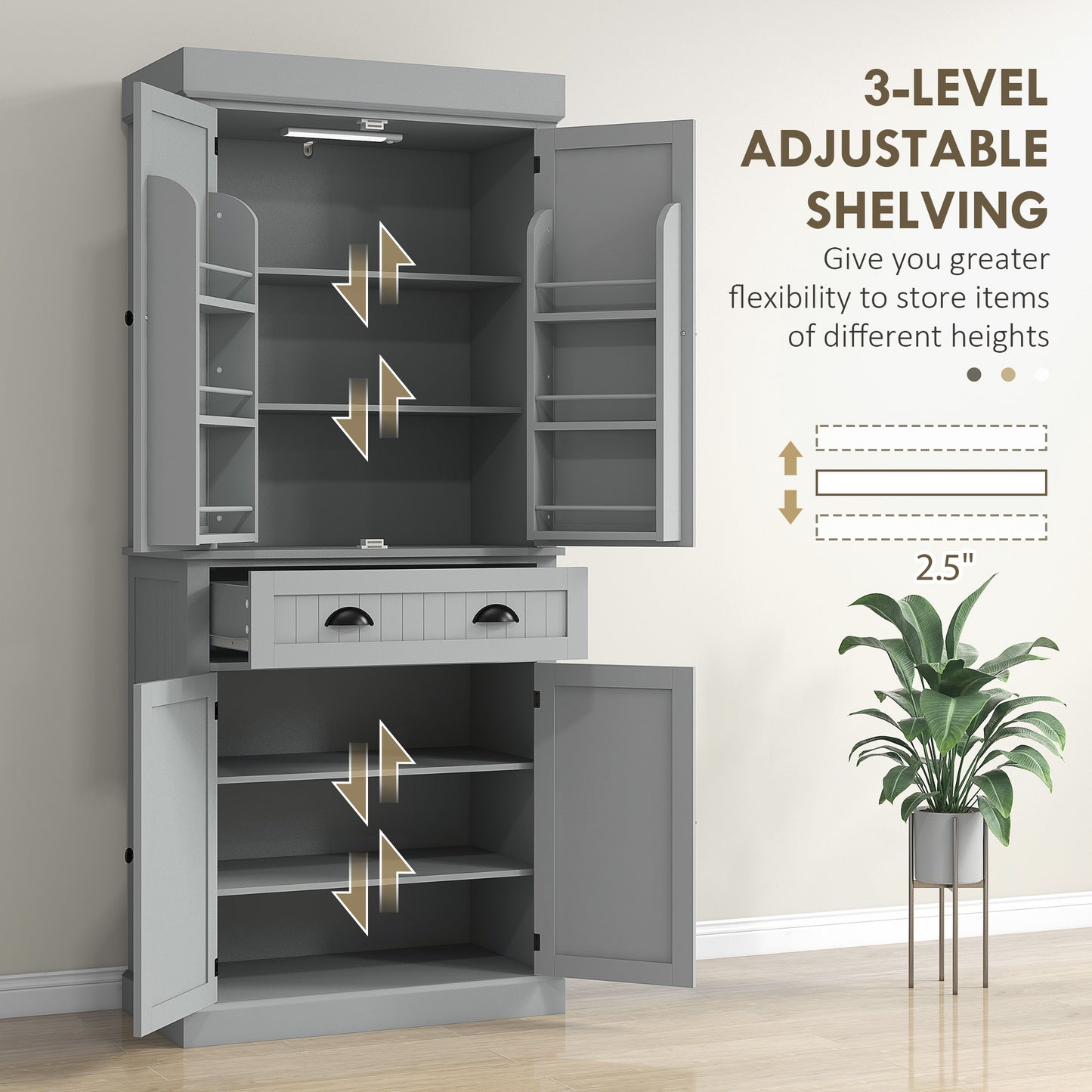 HOMCOM 71" Kitchen Pantry Cabinet with LED Lights, 6 Spice Racks, a Drawer and 4 Adjustable Shelves, White