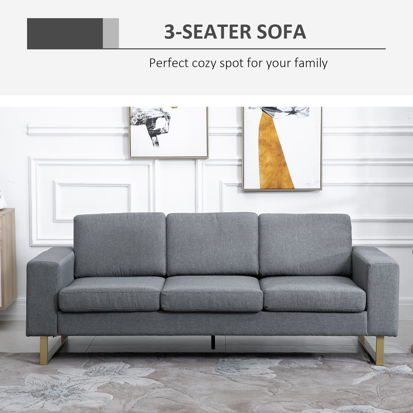 HOMCOM 3 Seater Sofa, Linen Upholstered Cozy Padded Couch with Steel Leg, Backrest and Wide Armrest, for Living room, Bedroom, Grey