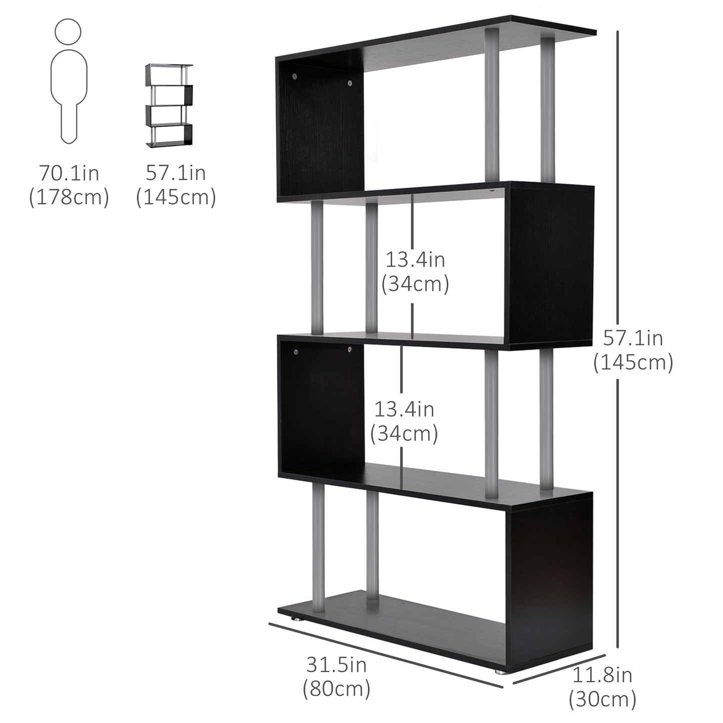 HOMCOM 5-Tiers Geometric Wooden Bookcase S-Shaped Storage Bookshelf Display with Metal Frame for Living Room, Bedroom, Home Office, Black