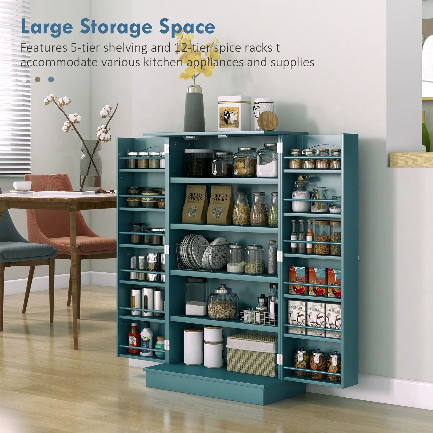 HOMCOM 41" Storage Cabinet, 2-Door Kitchen Pantry Cabinet with 5-tier Shelving, 12 Spice Racks and Adjustable Shelves, Grey