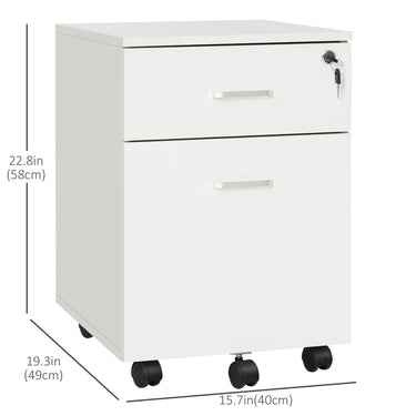 Vinsetto 2 Drawer File Cabinet with Lock and Keys, Mobile Vertical Filing Cabinet with Wheels and Drawers, Home Office Cabinet, White