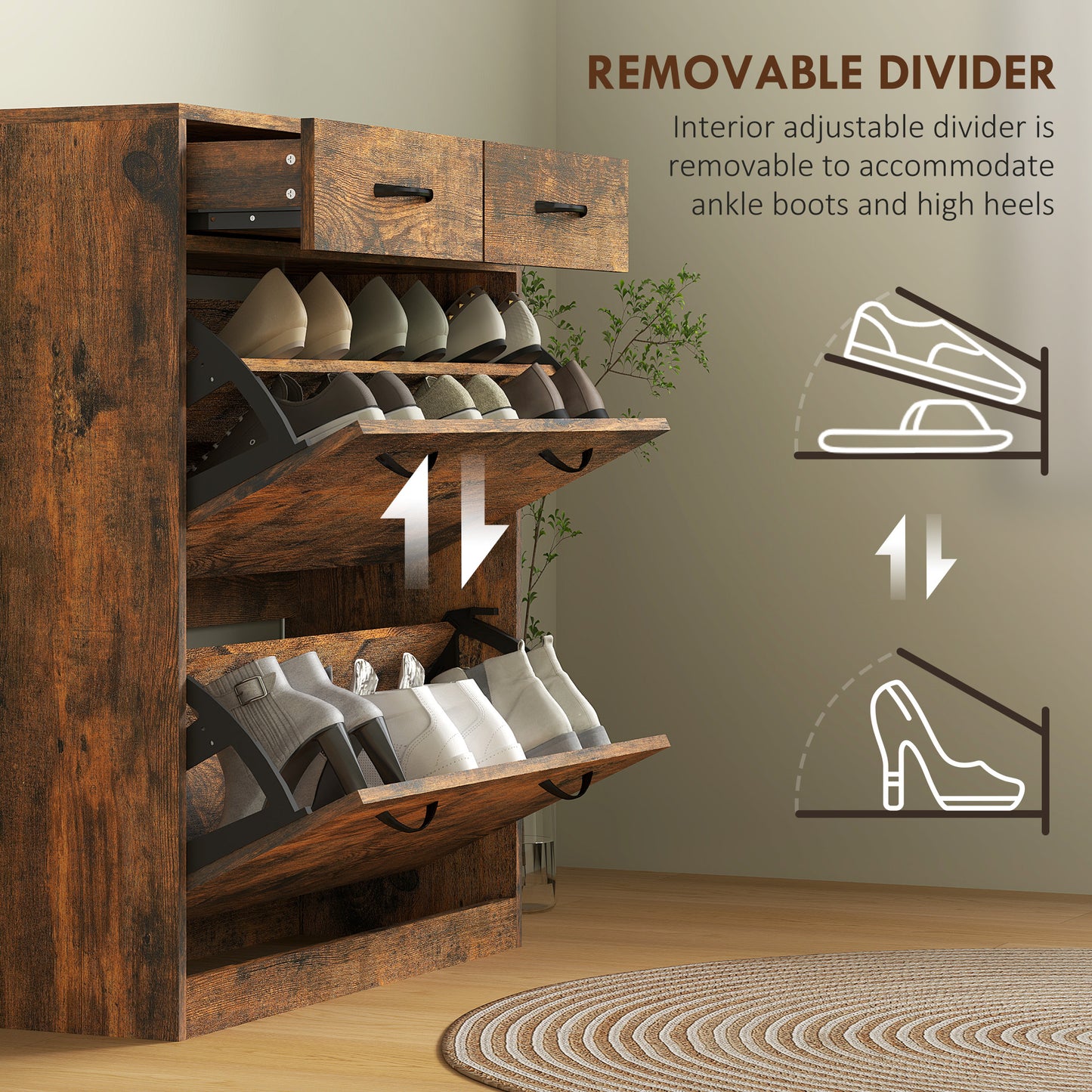 HOMCOM Narrow Shoe Storage with 2 Flip Drawers and Adjustable Shelves Shoe Cabinet Organizer for 12 Pairs of Shoes, White