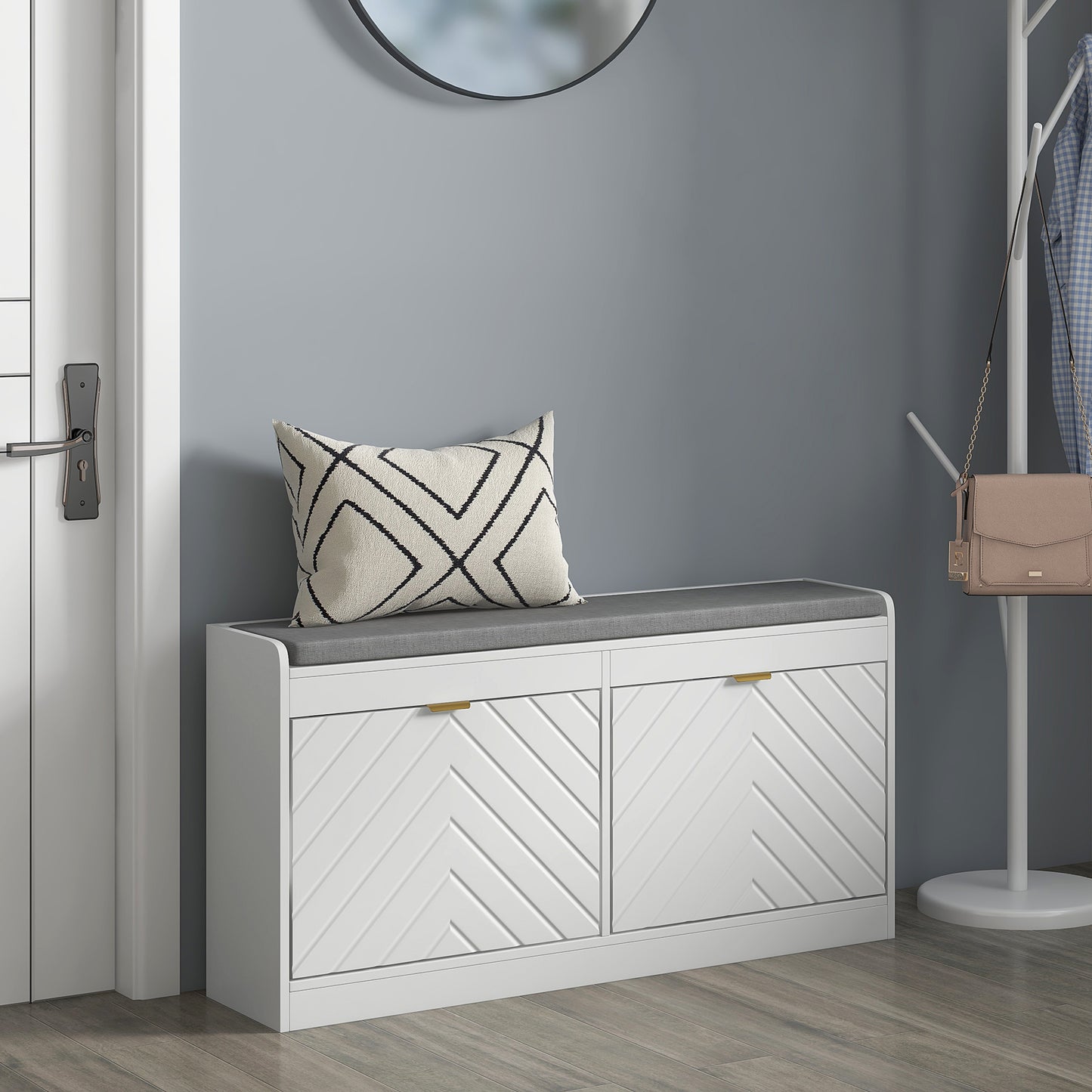HOMCOM Shoe Storage with Seat, Upholstered Hallway Bench, Shoe Bench with 2 Flip Drawers and 4 Vents for 8 Pairs of Shoes