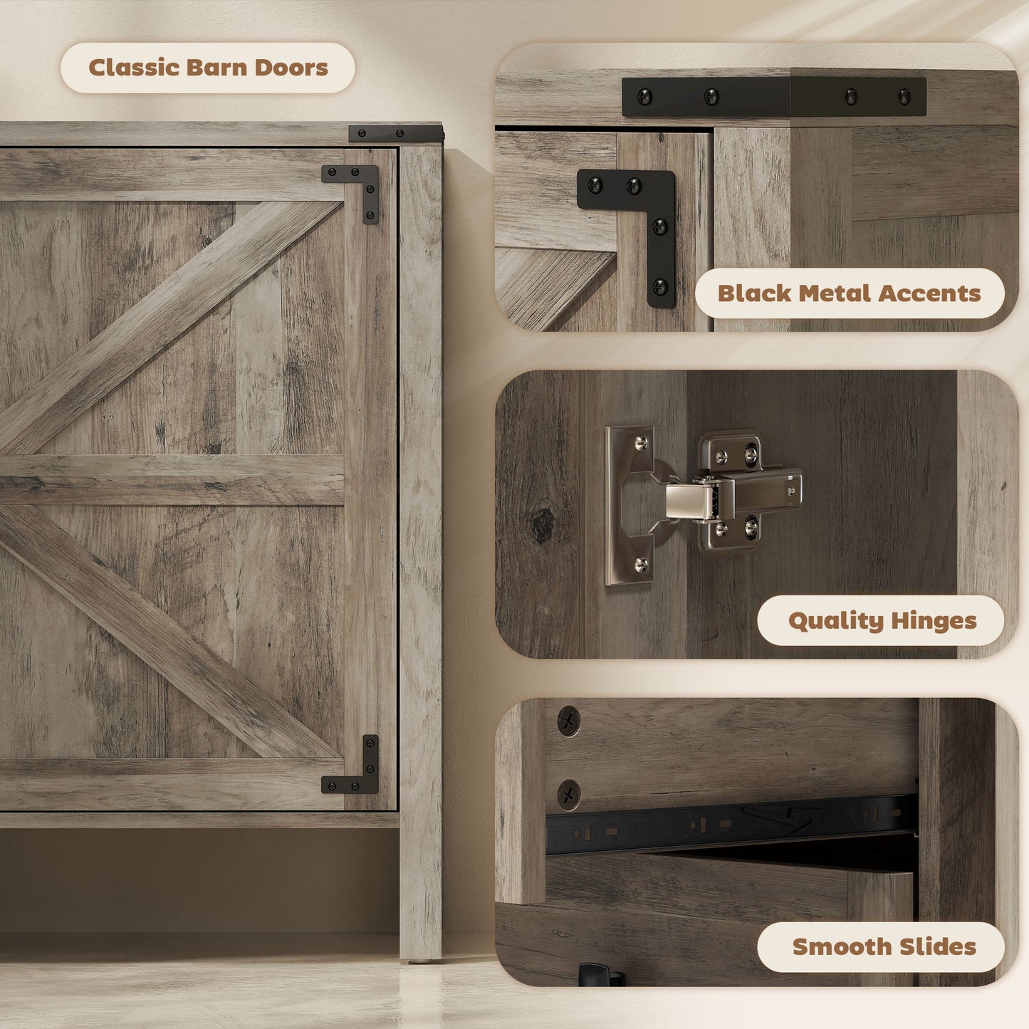 HOMCOM 59" Buffet Cabinet, Farmhouse Sideboard with Thick Top, 2 Barn Doors, 4 Drawers and 2 Adjustable Shelves, Grey
