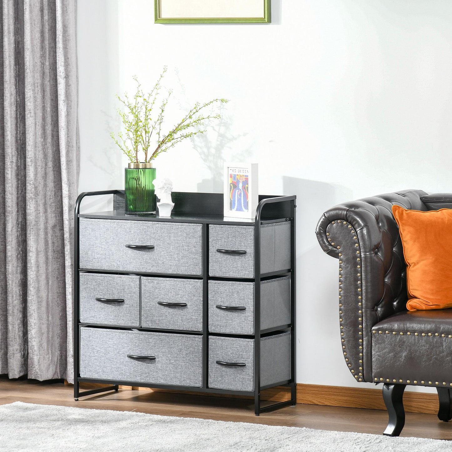 HOMCOM 7-Bin Dresser Storage Tower Cabinet Organizer Unit, Easy Pull Fabric Bins with Metal Frame for Bedroom