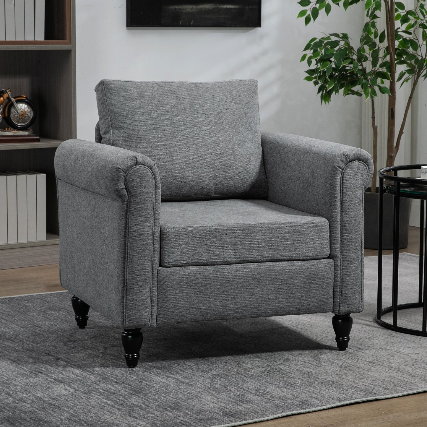 HOMCOM Vintage Armchair, Upholstered Accent Chair with Rolled Arms, Gourd-Shaped Rubber Wood Legs, Light Grey