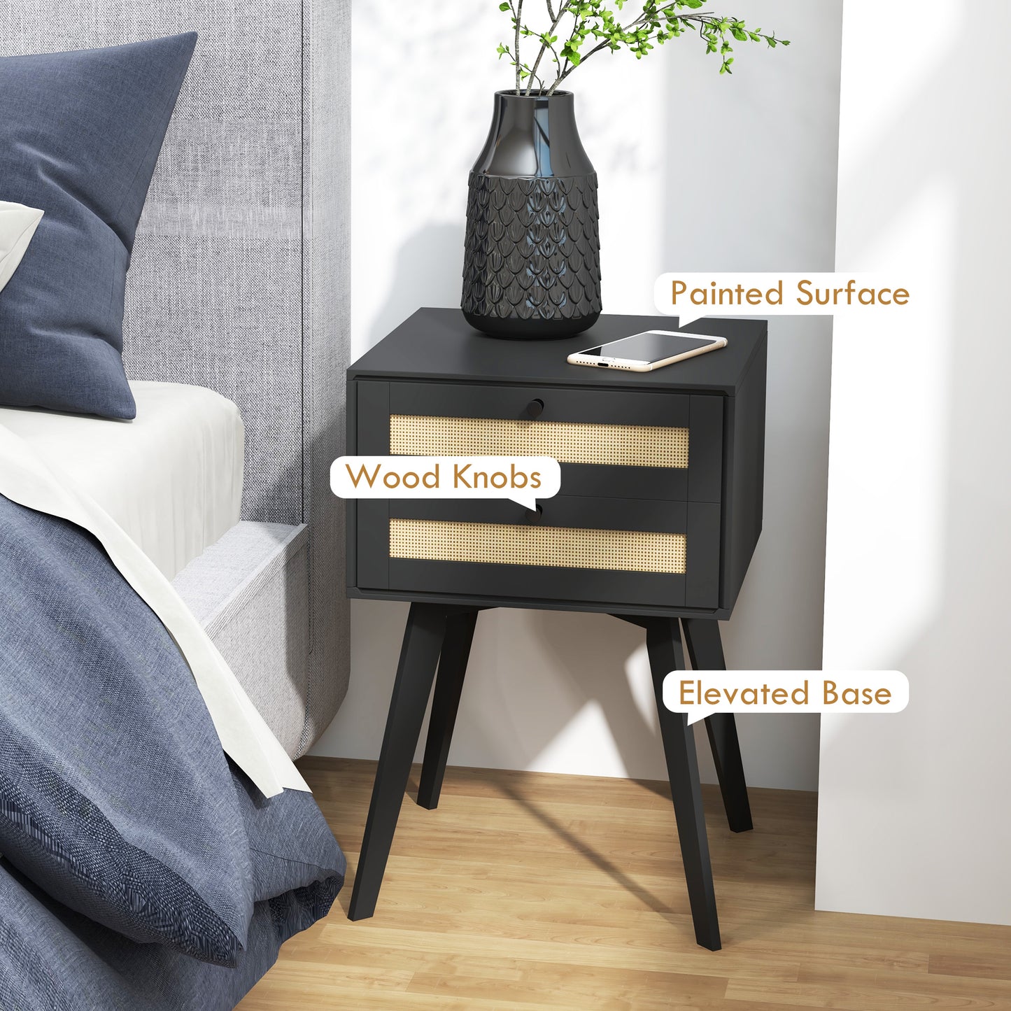 HOMCOM Boho Night Stands Set of 2, Bedside Tables with 2 Rattan Drawers, Square End Tables for Bedroom, Living Room