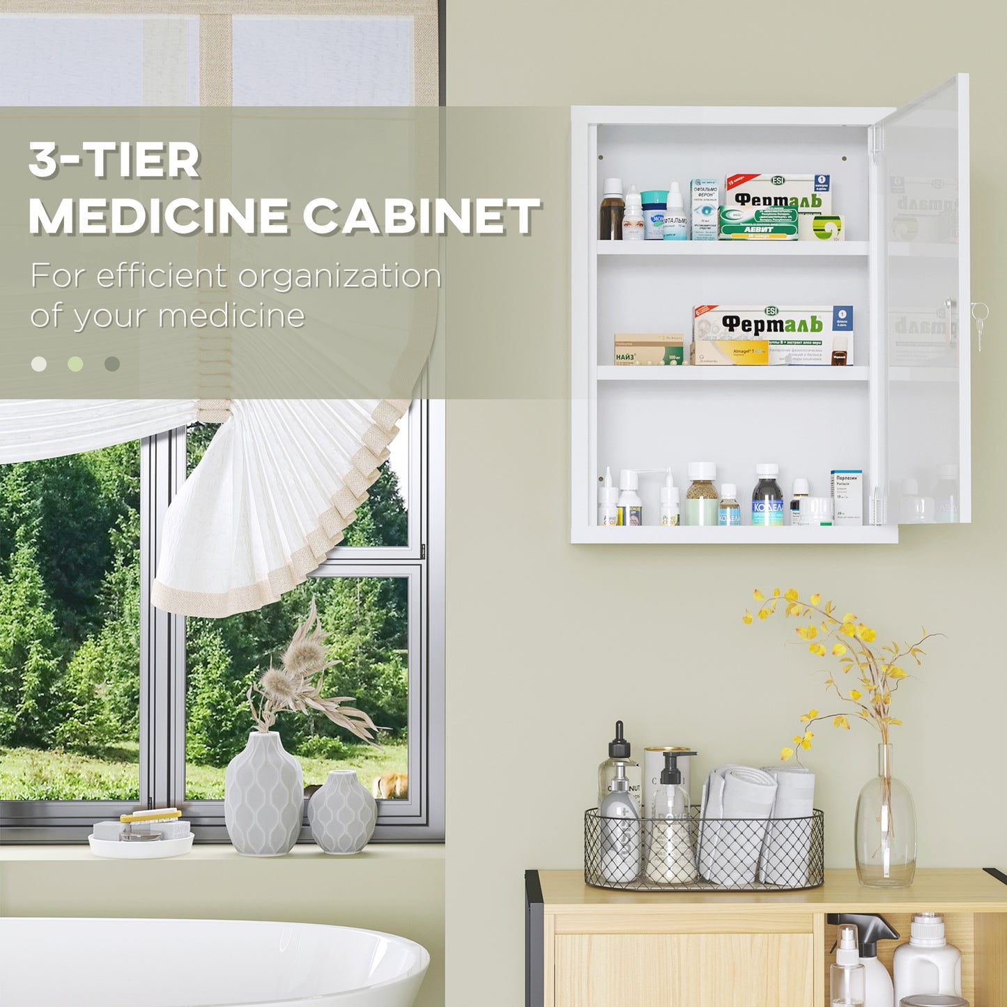 kleankin Lockable Medicine Cabinet, 3 Tier Steel Medical Wall Box with 2 Keys and Shelves for Bathroom, White