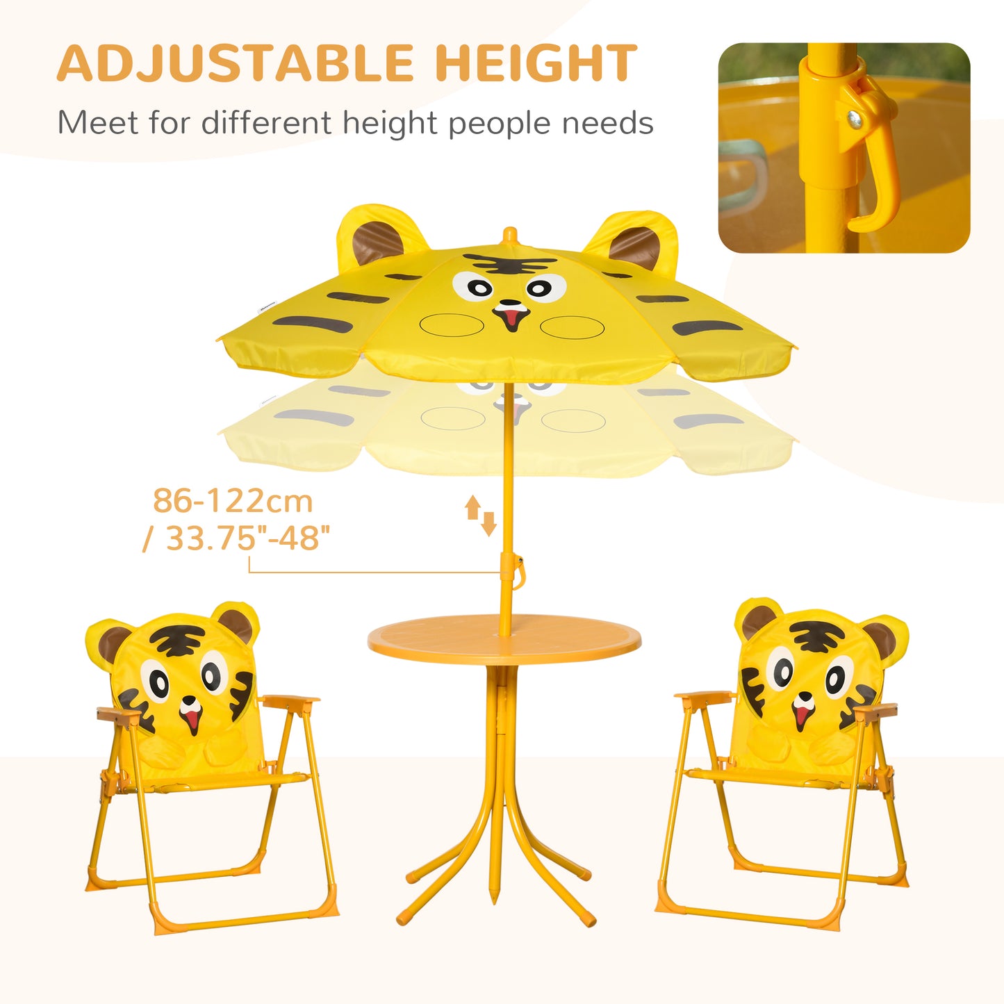 Outsunny Kids Folding Picnic Table and Chair Set Pattern Outdoor Garden Patio Backyard with Removable & Height Adjustable Sun Umbrella Brown