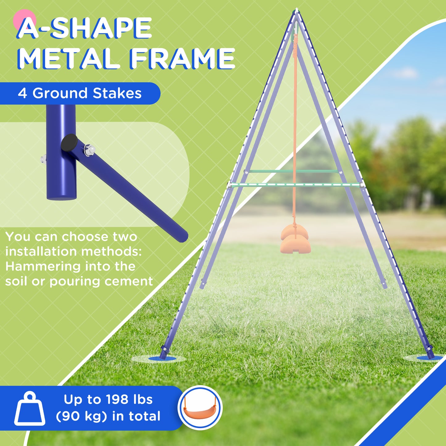 Outsunny Kids Swing Set Outdoor Metal Swing Frame with Double Swing Seats for 1-2 Children Aged 3-8 Years Old